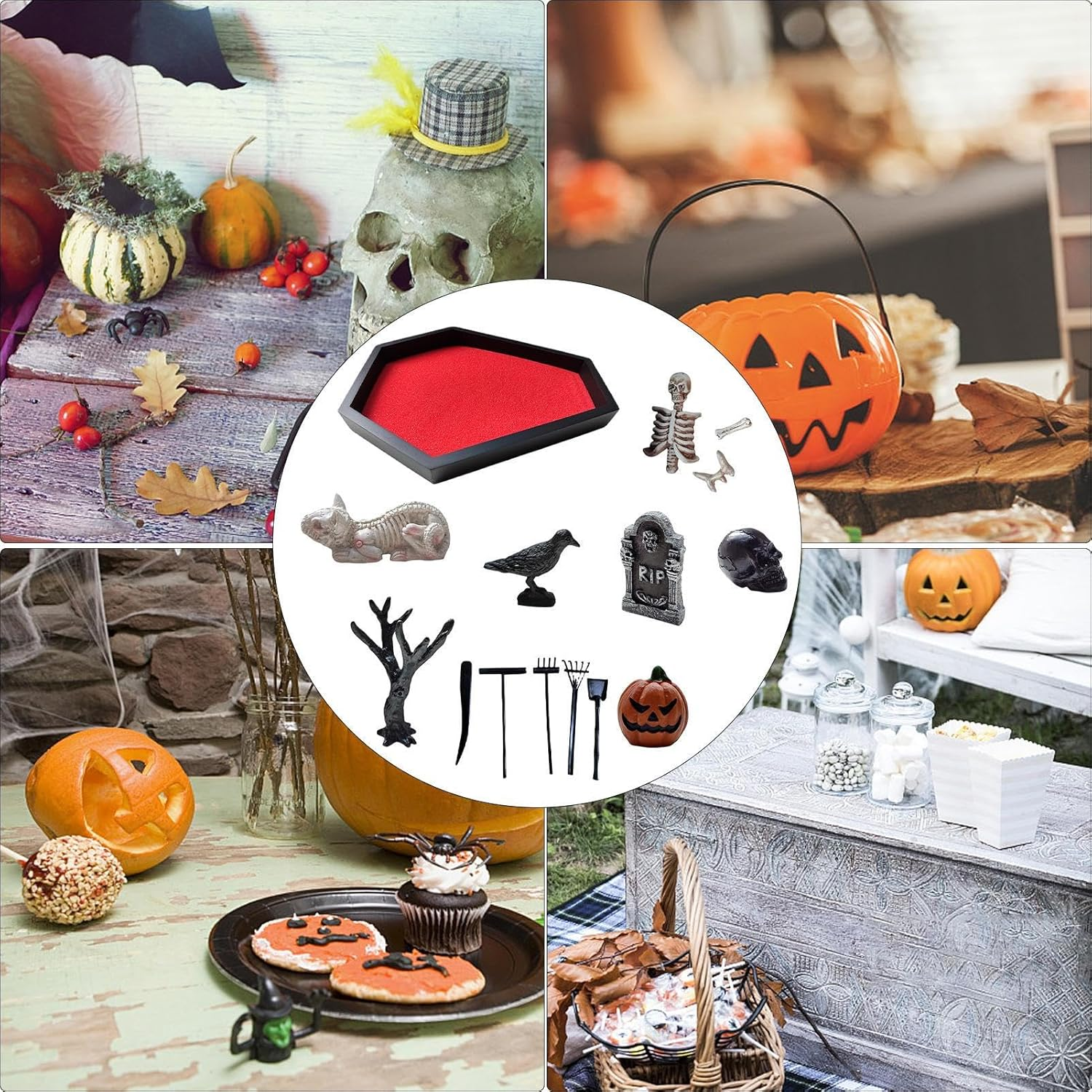 Zen Garden for Desk | Coffin Sand Decoration for Halloween - Indoor Ornament with Skull, Tombstone, Crow, Halloween Prop for Microlandscape image number 3