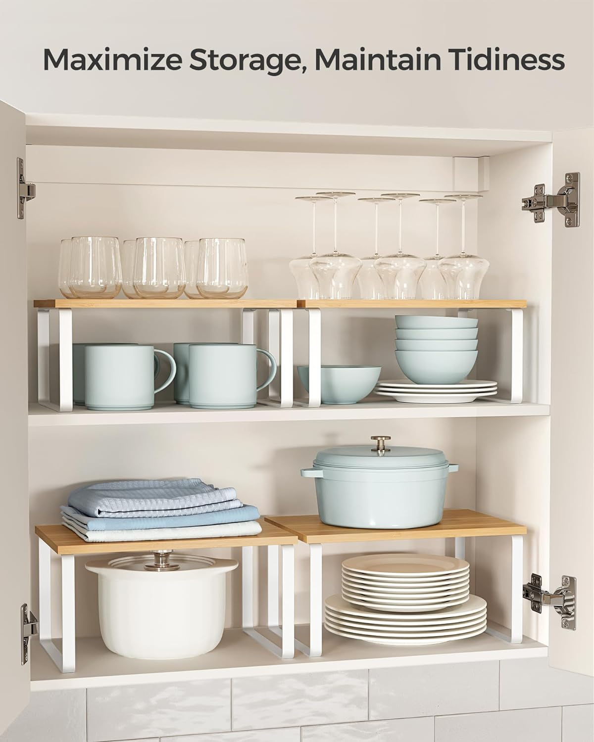 SONGMICS Cabinet Organizer Shelf, Set of 2 Kitchen Counter Shelves, Kitchen Storage, Spice Rack, Stackable, Expandable, Metal and Engineered Wood, Cloud White and Natural Beige UKCS02NW image number 4