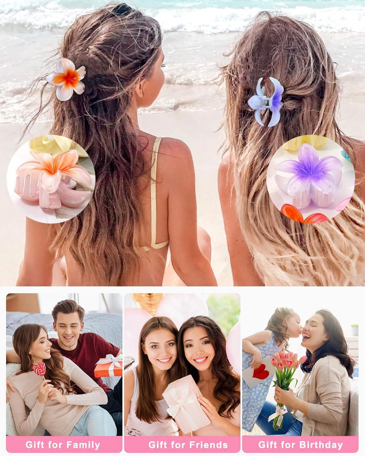 FUGLUS Pack of 8 Flower Hair Clips, Colourful Flower Hair Pins for Women, Hawaiian Hair Clip, Hair Accessories, Non-Slip Plastic Hair Clips, Gifts for Girls and Women image number 3