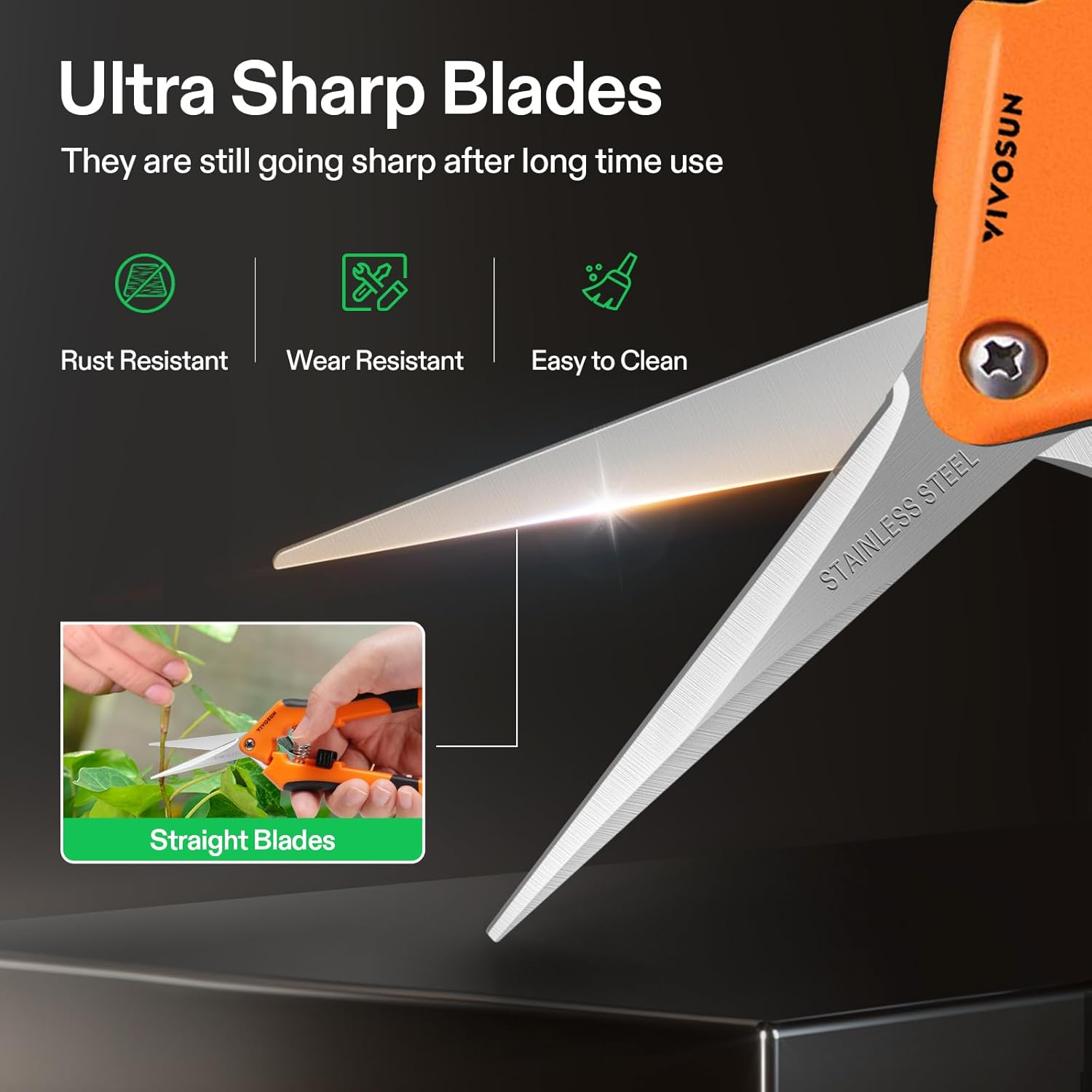 VIVOSUN 6.5" Gardening Hand Pruner Pruning Shear with Straight Stainless Steel Blades Orange - Blue image number 2