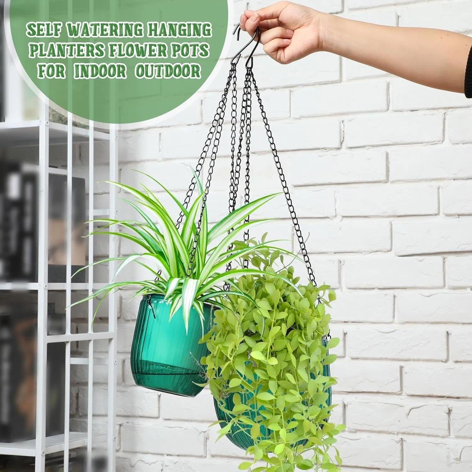 Self Watering Hanging Planter with Drainage Holes, Indoor Outdoor Hanging Basket Pot for Herbs Succulents with 4 Pack and 3 Hooks Drainage Holes - Auroly image number 1