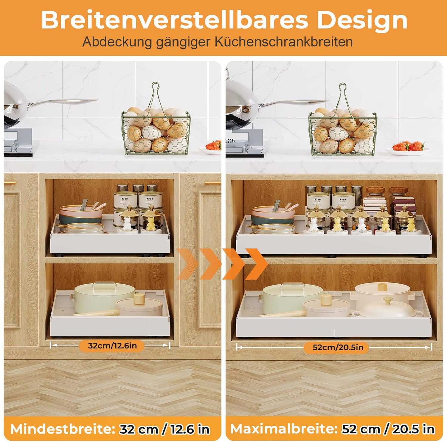 Casgee Pack of 4 Telescopic Drawers, Extendable Kitchen Drawer, Width 32-52 Cm, Extendable Cupboard Organiser with Rail System, Stick Slide Out Pull-Out Kitchen Cabinet for Kitchen Organisation, White image number 4