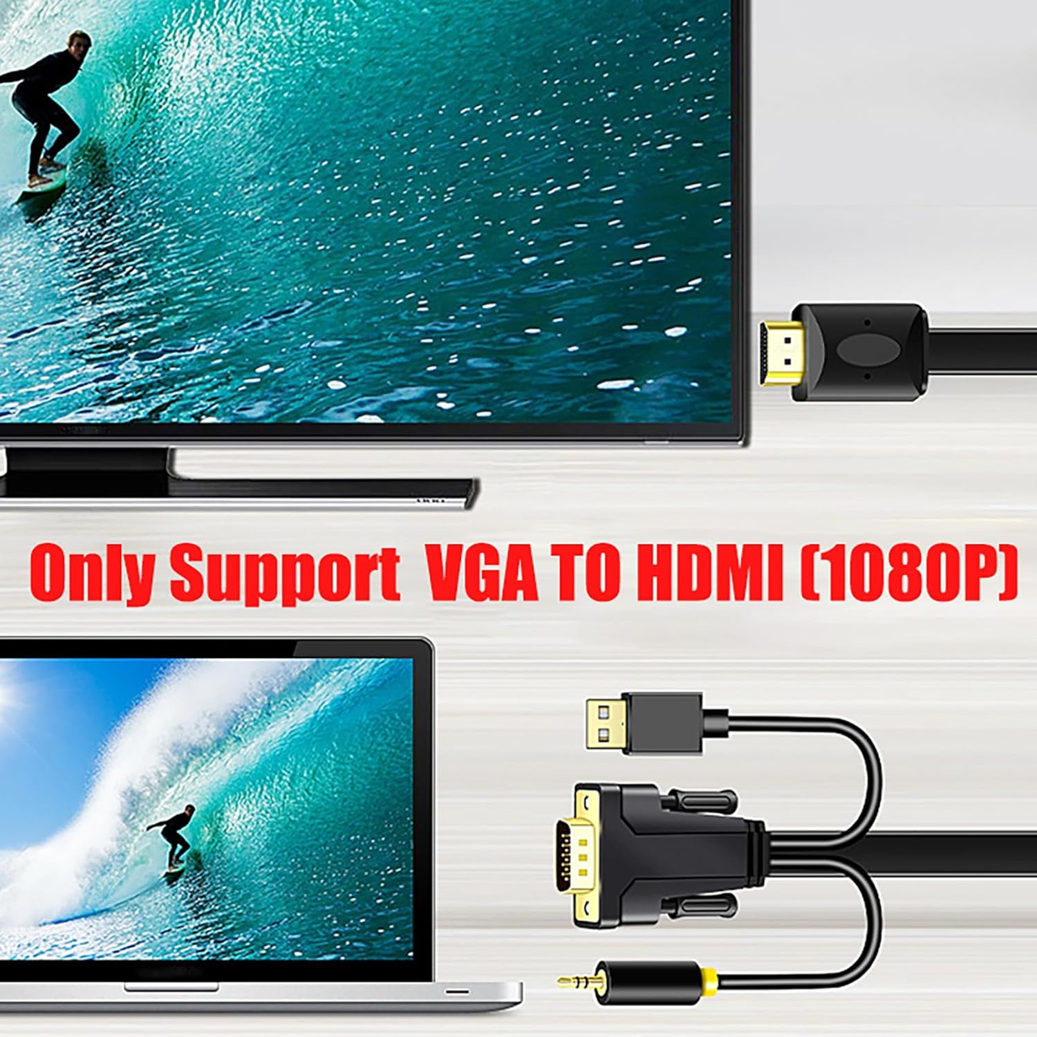 Tunghey VGA to HDMI Cable with Audio (Not HDMI to VGA), 1080P HD VGA to HDMI Adapter Cable, VGA Male to HDMI Male Cord for VGA Computer/Laptop to HDMI Monitor/Tv (2M) - 2M image number 5