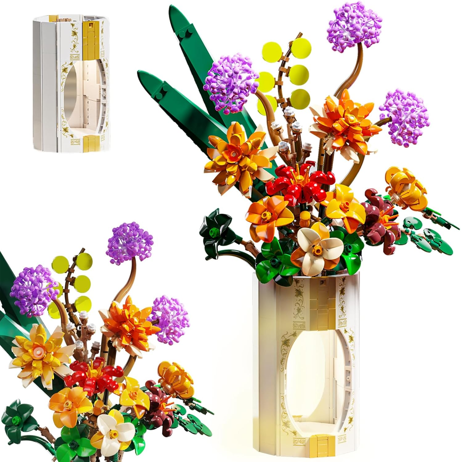 Flower Building Blocks with LED Light, Botanical Collection, Creative Artificial Bouquet for Home Office Decor, Gifts for Woman Girls Age 8+(890PCS) image number 4