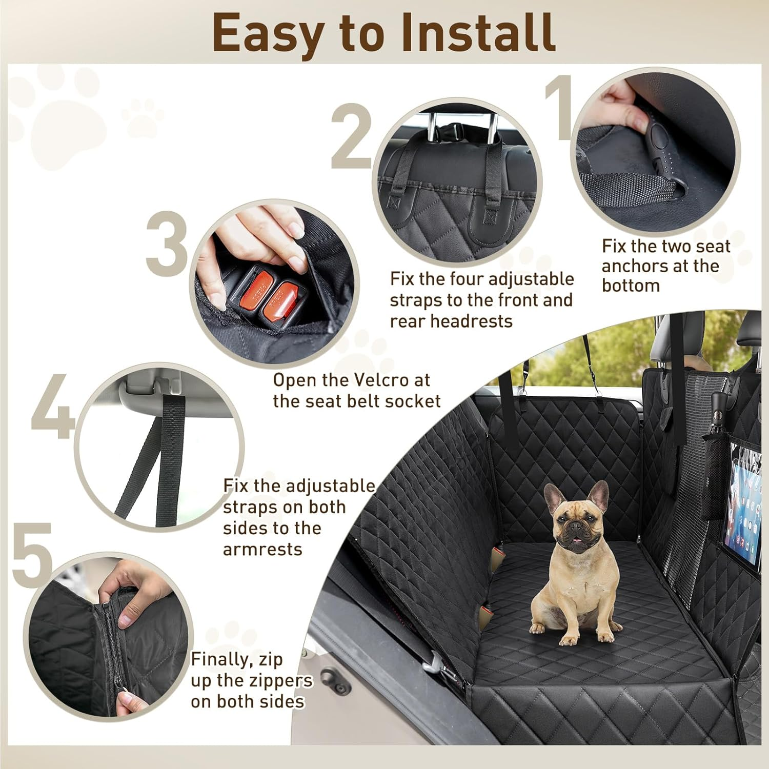 Gimars Extra Large 5 in 1 Dog Car Seat Cover for Back Seat Sturdy Zippers 600D Waterproof, 6 Layers Heavy Duty Scratchproof Pets Dog Seat Cover Nonslip for Cars Trucks SUV image number 3