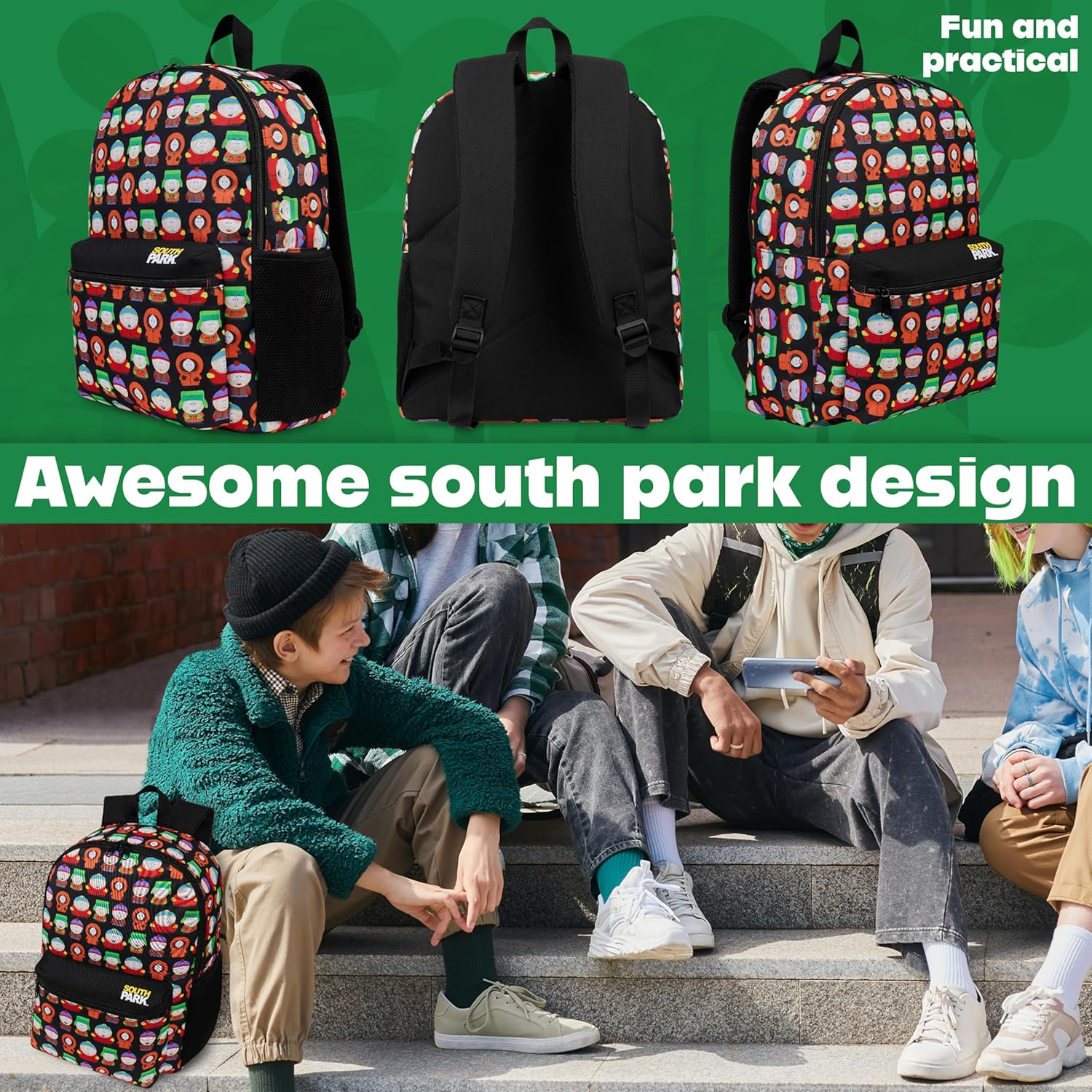 South Park Backpack for Boys Teens Travel Rucksack Gym Mens Work Bag Stan Kenny Eric Daypack for University School Funny Gifts