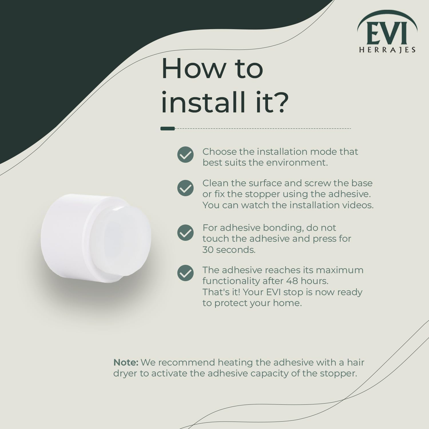 EVI Herrajes Adhesive Door Stop for Wall | 28 X 28 Mm | White Rubber | Stainless Steel | White Lacquered | Includes Plug + Screw | Mod. I-198/28-TPM-BL image number 5