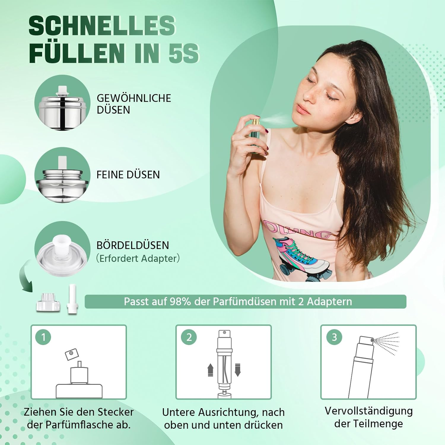 JOOMOKO Perfume Atomiser Refillable, 10 Ml Perfume Bottle, Empty Perfume Atomiser for Travel, Empty Perfume Atomiser Spray Bottle for Travel on the Go (Green) image number 5