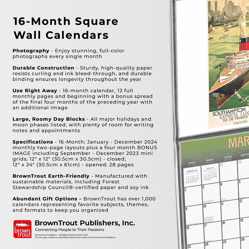 Vintage Travel Posters | 2025 12 X 24 Inch Monthly Square Wall Calendar | Plastic-Free | Browntrout | Art Railways Illustrations image number 6