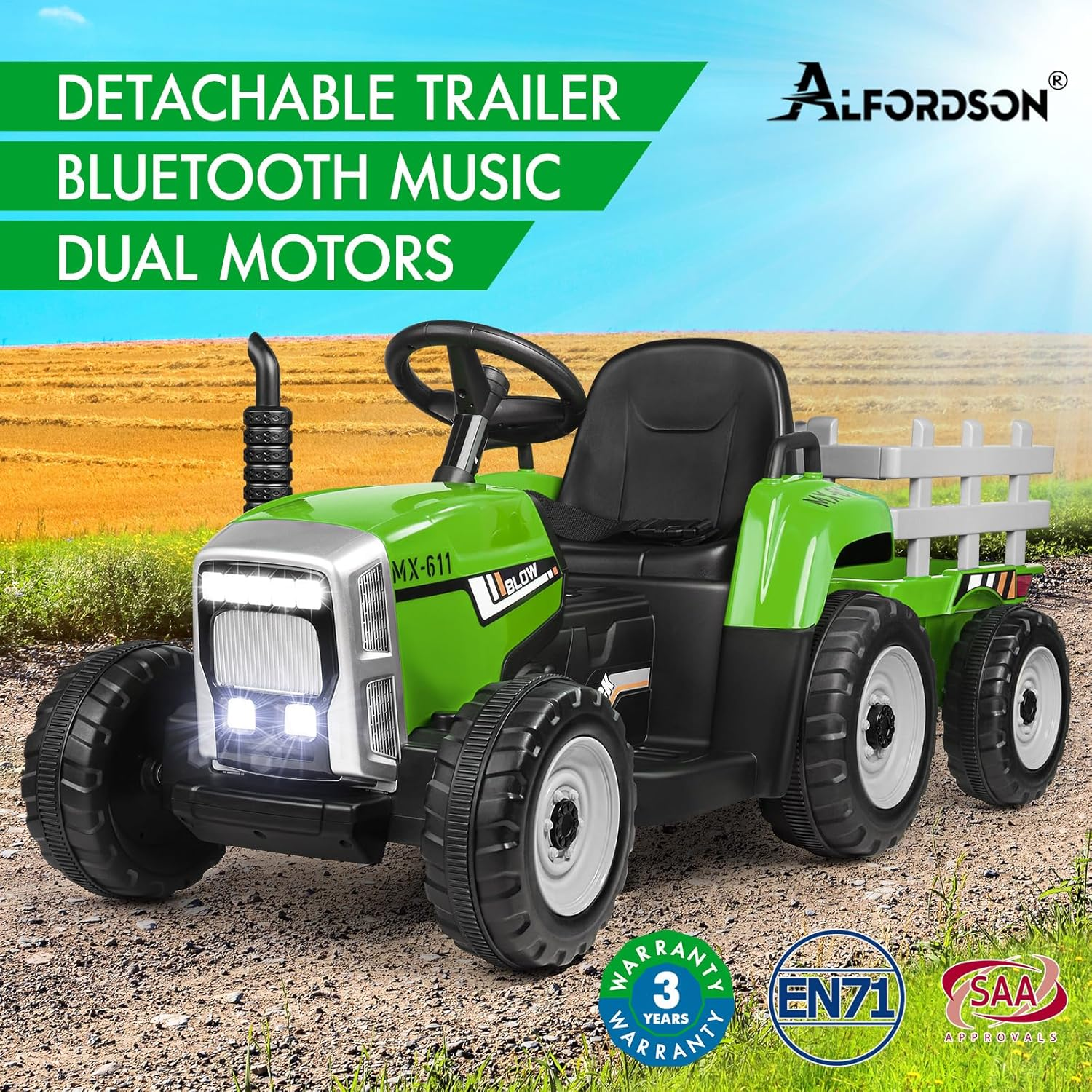 ALFORDSON Kids Ride on Car Tractor 12V Eletric Dual Motor, Car with Music Player & 7 Brilliant LED Headlights, Ride-On Design SUV Toy Vehicle for Toddler, Green - Blue image number 6