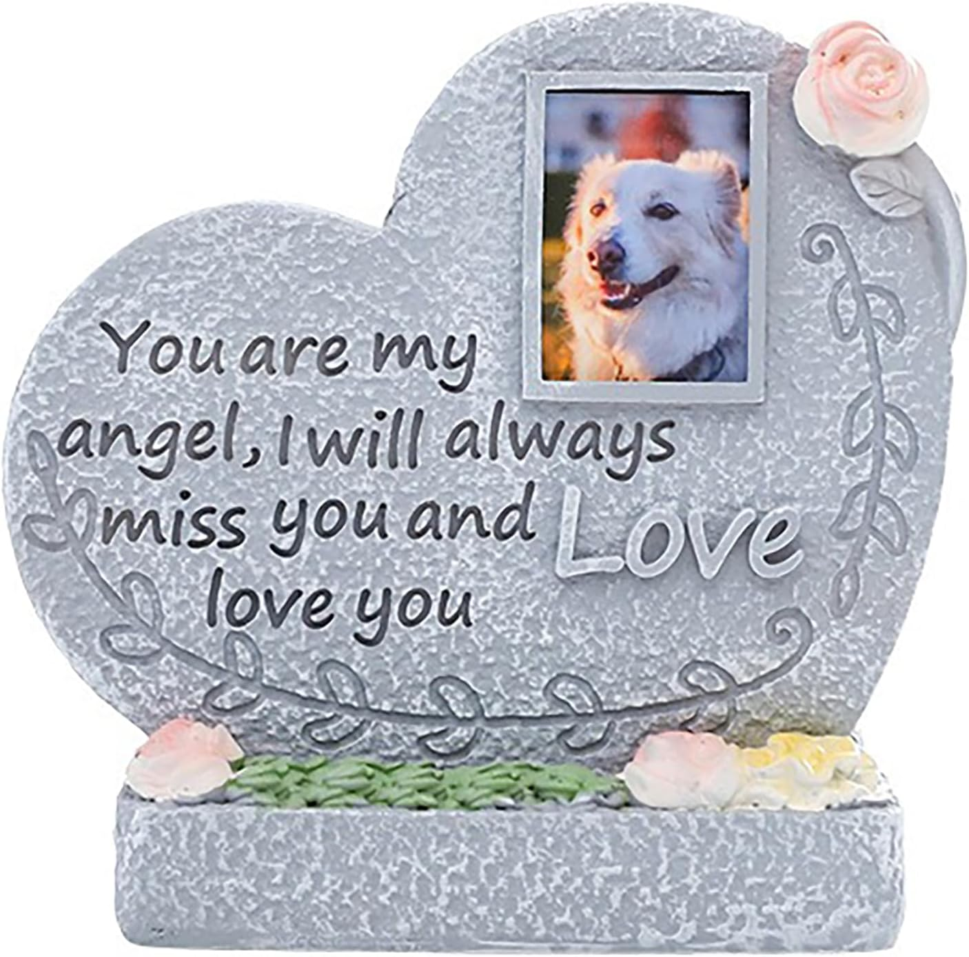 Pet Garden Gravestone Marker with Flower Holder, Memorial Stones with Photo Frame Weatherproof Remembrance Decorate for Dogs & Cats