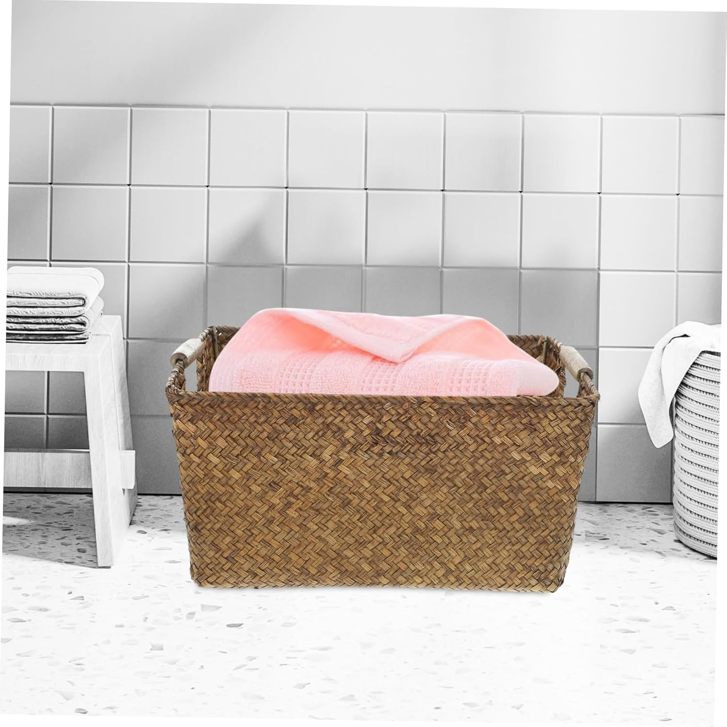 OFFSCH Seagrass Woven Storage Basket with Wooden Handles, Medium 34X25X17Cm Natural Fiber Organizer for Home and Office Shelves, Toy and Sundry Storage Container image number 3