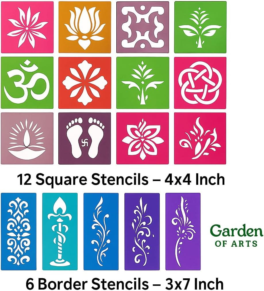 Garden of Arts 12 Different Design Draw Rangoli Making Kit Rangoli Stamp Om Swastik Flower Design Colourful Rangoli Making Stencils & 6 Border Stencils Total 18 Pieces image number 3