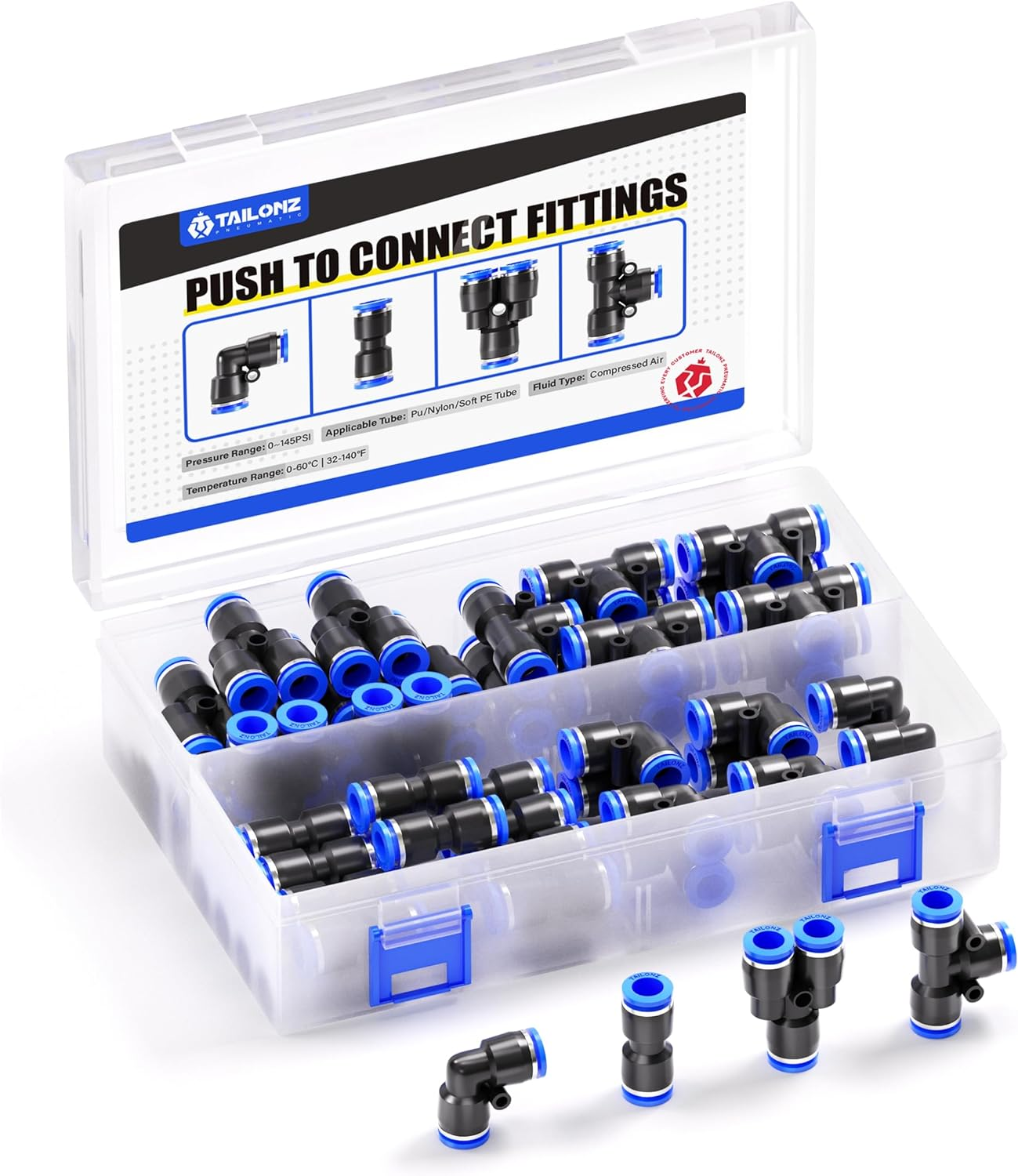 Tailonz Pneumatic 1/4 Inch Od Push to Connect Fittings Pneumatic Fittings Kit 10 Spliters+10 Elbows+10 Tee+10 Straight (40 Pcs) image number 6