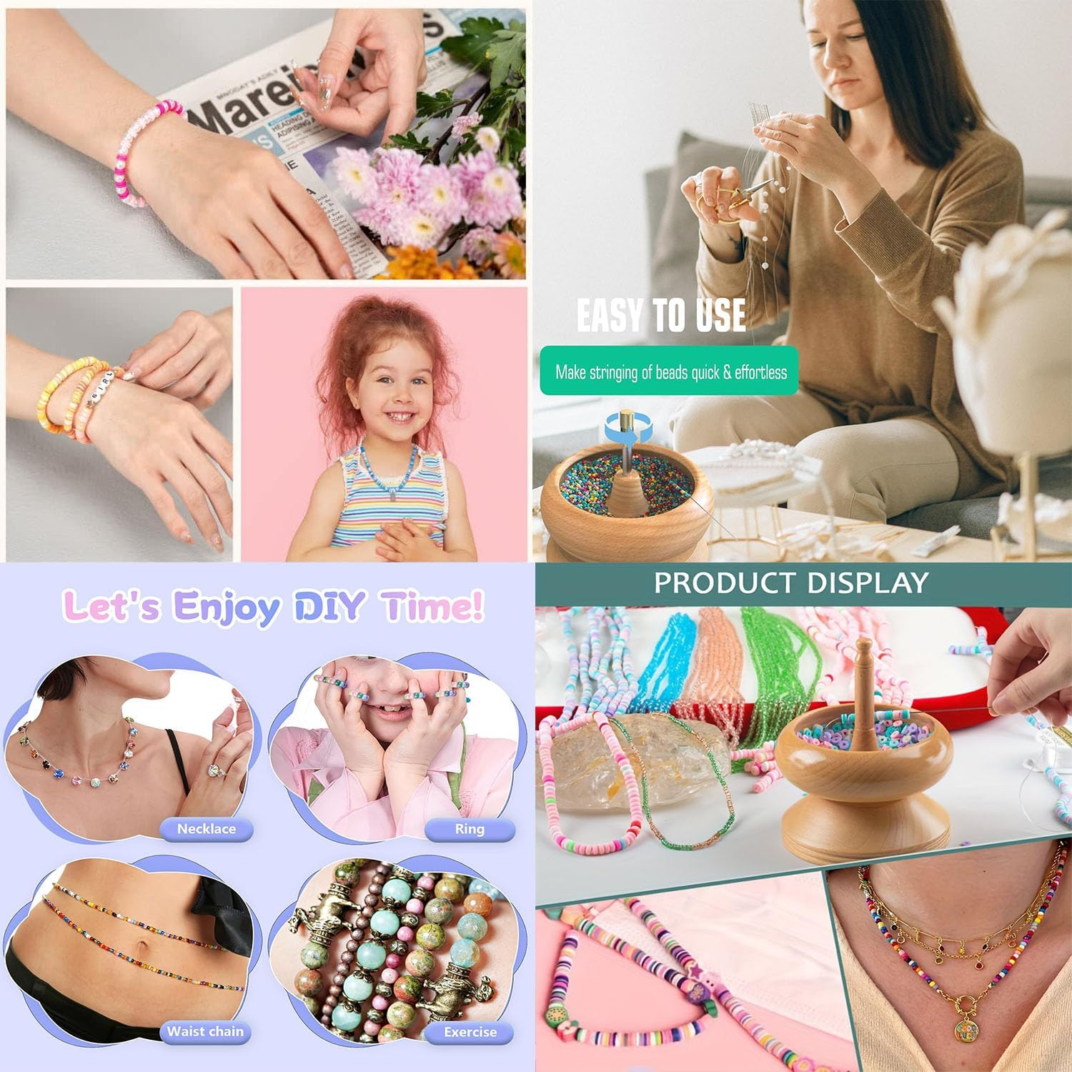 Paifeancodill Wooden Bead Spinner, Portable Jewelry Making Tool with 5 Effort-Saving Plastic Bowls and 2 Beading Needles for DIY Crafts Necklaces