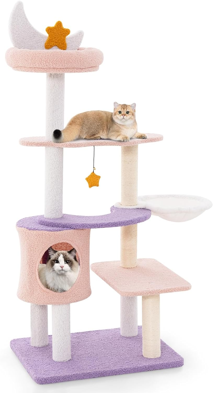 Costway Cute Cat Tree for Indoor Cats, Multi-Level Cat Tower W/Sisal Covered Scratching Posts, Condo, Moon Star Plush Perch, Hammock, Cloud Platforms, Dangling Toys, Kitty Play House Activity Center image number 3