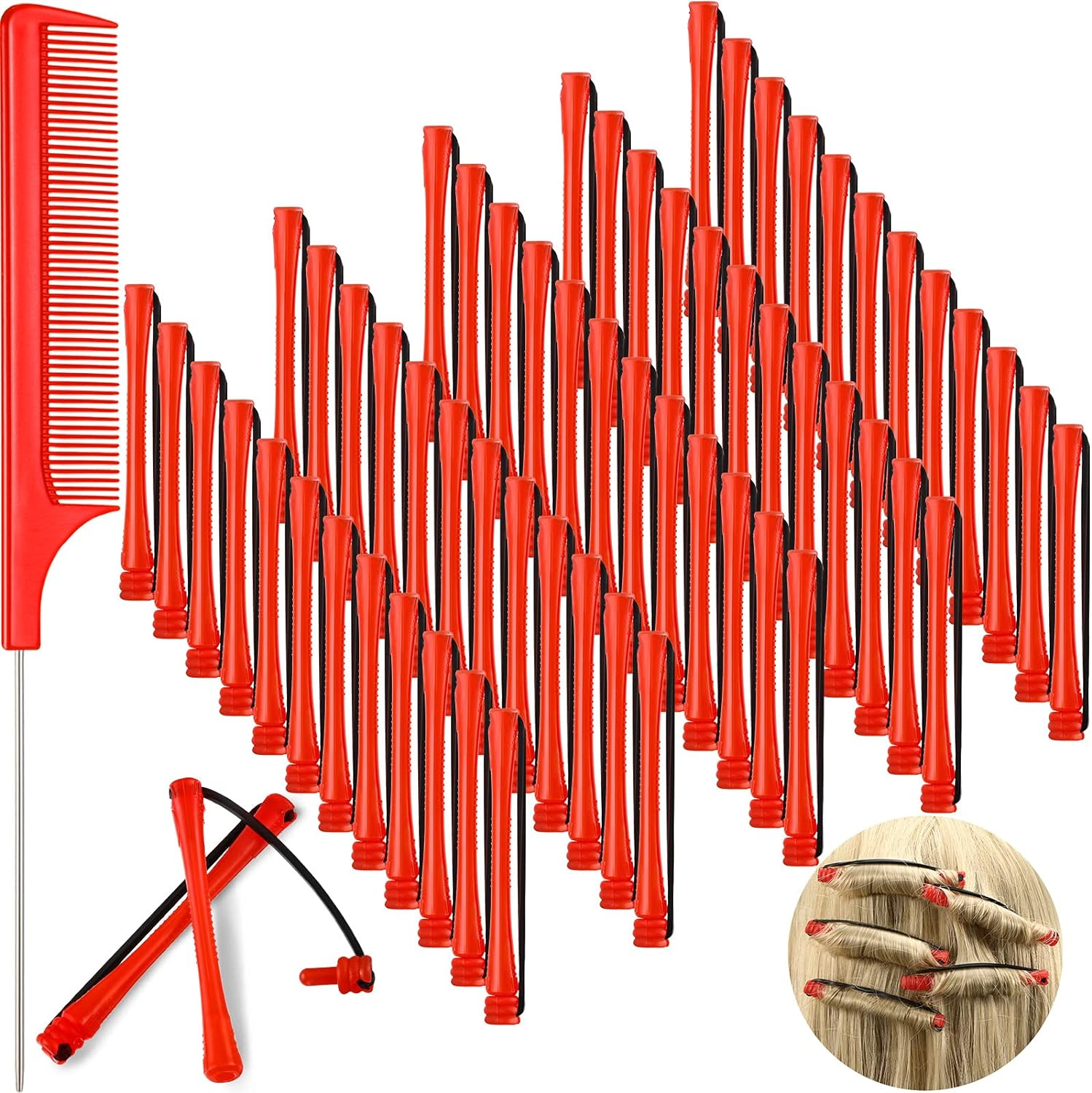 WILLBOND 60 Pcs Perm Rods for Short Long Hair Plastic Cold Wave Perming Curlers Small Hair Curling Rollers with Steel Pintail Rat Tail Kit for Women Hairdressing Styling Supplies(0.2 Inch,Red)
