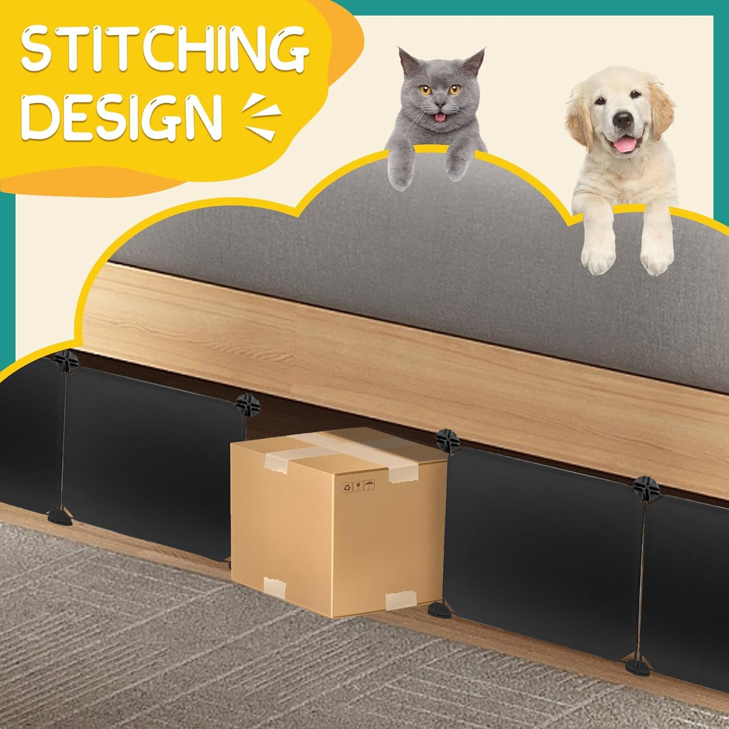 Under Couch Blocker for Toys under Bed Blocker for Pets 166&rdquo; Length 11.8" Height in Total under Furniture Blocker with Sticky Double Side Tape, Connectors and Zip Ties for Pets, Black