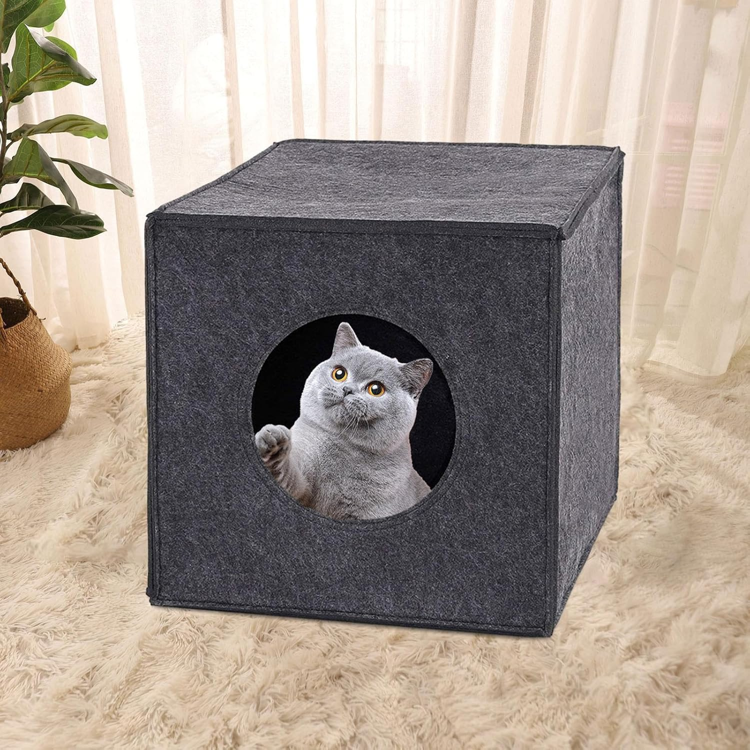 ＡＷＨＡＯ Felt Cave Cat House Cube Bed Cat Hideout for Pomeranian Puppy Kitten Chihuahua, Black