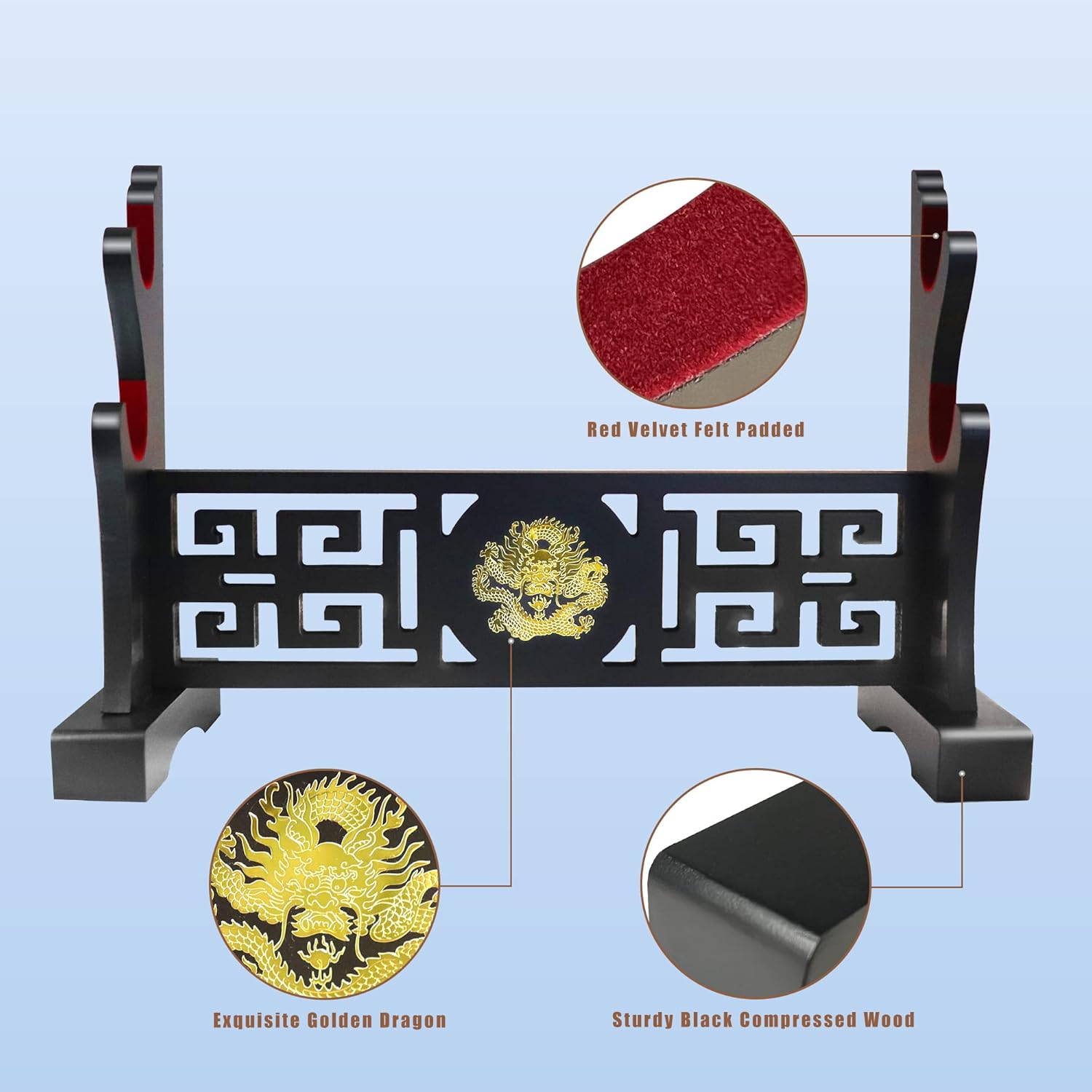 Eforlife Padded Sword Stand Display Velvet Protect Sword Rack Katana Genji Japanese Samurai Blade Gladius Templar Medieval Sword Stand Holder - Dragon (2-Tier) image number 4