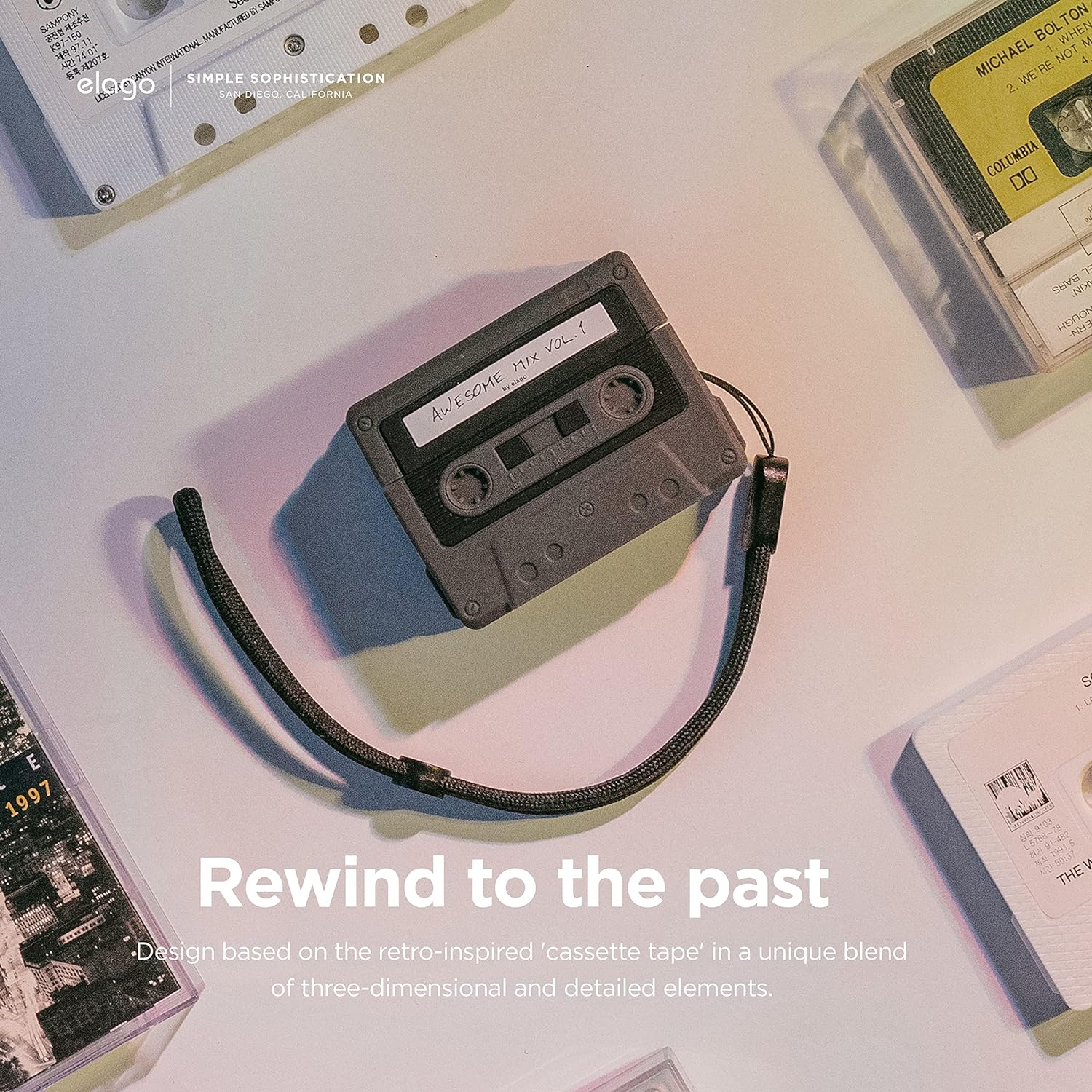 Elago Cassette Tape Case Compatible with Airpods Pro 2Nd Generation Case, Lanyard Included, Shock Resistant, Full Protection, Compatible with Airpods Pro 2 Case Cover (Black) - Black image number 3