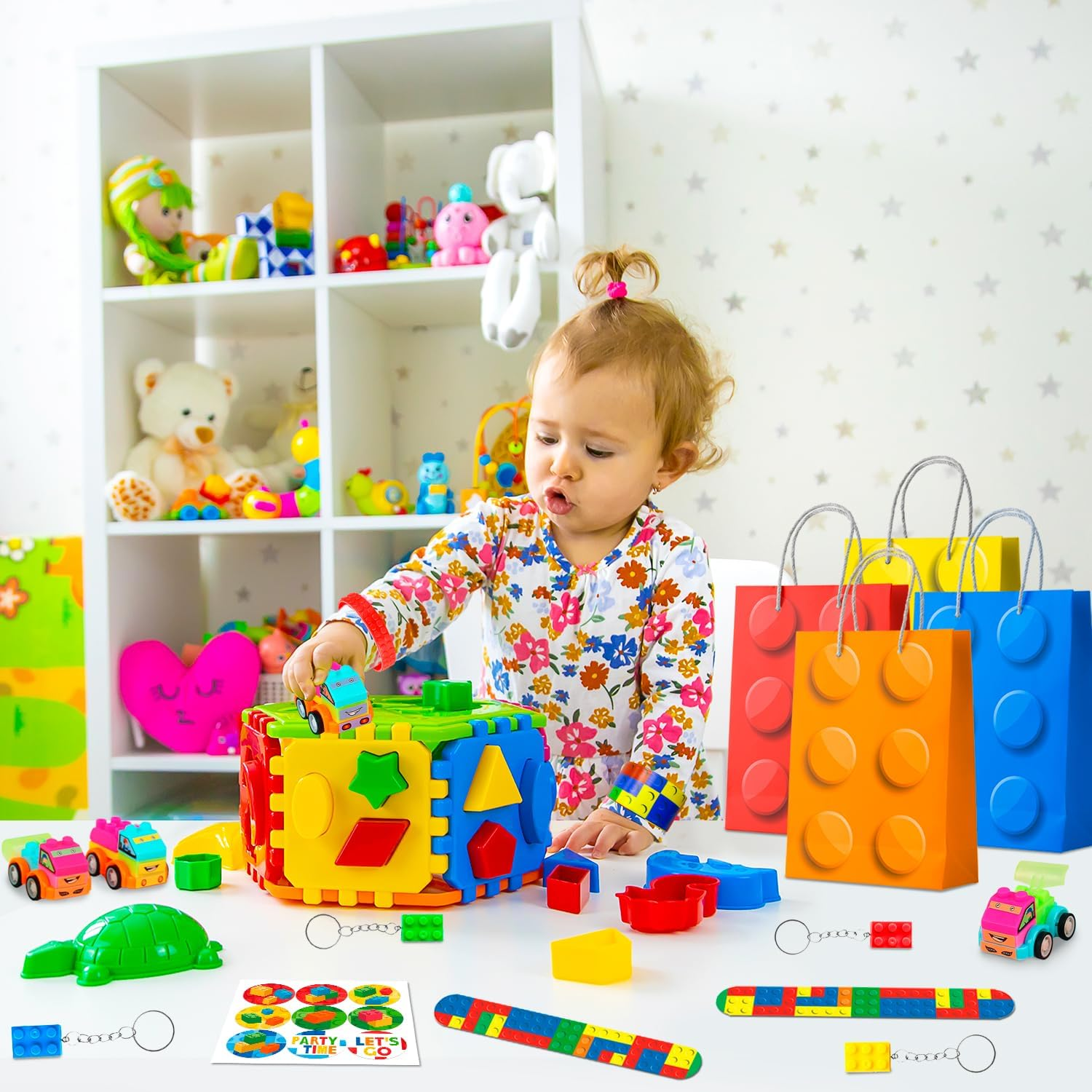 Building Block Party Favors, 62 Pcs Set - Bags, Keychains, Slap Bracelets & More image number 1