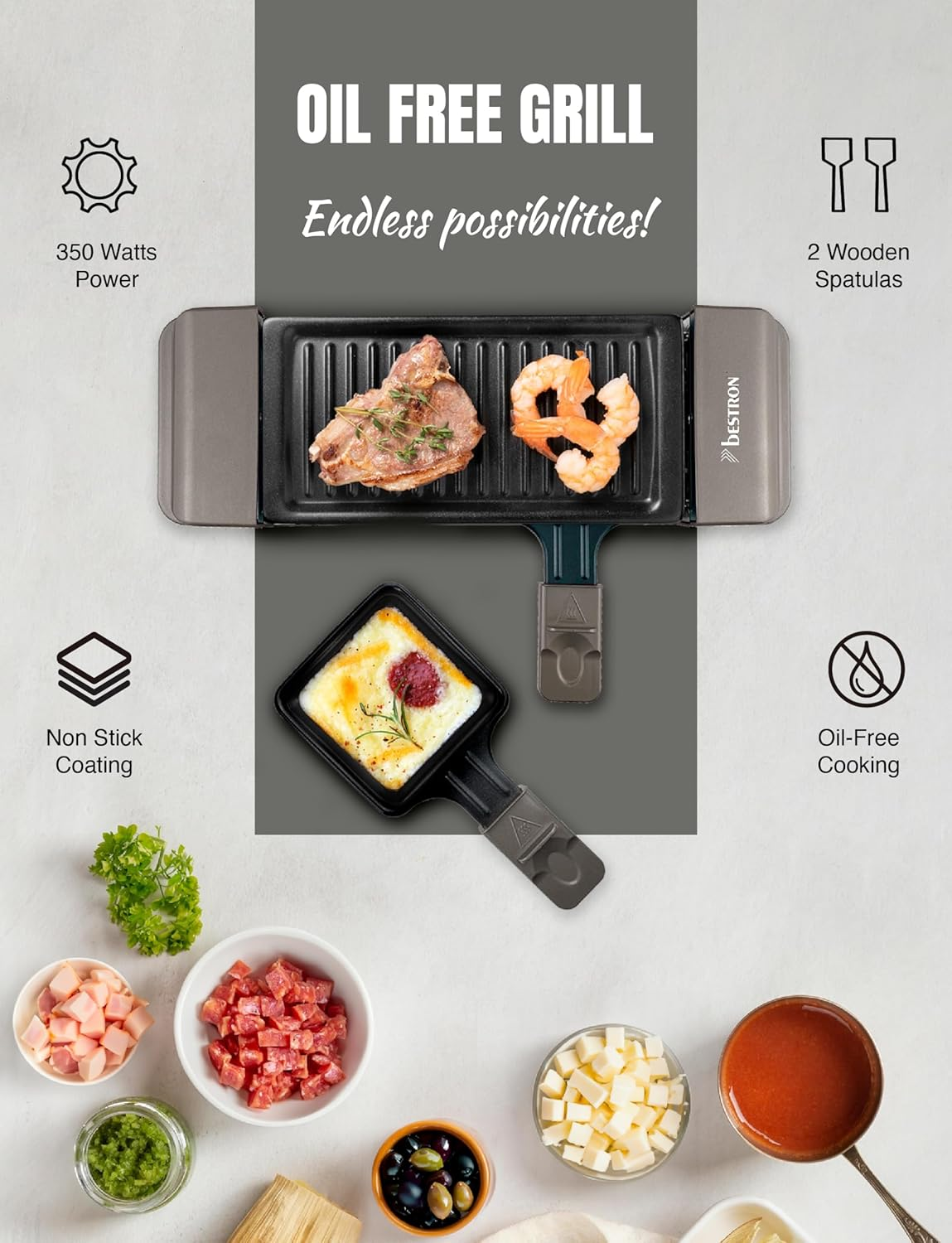 Bestron Raclette, Mini Grill for 1 to 2 People, with 2 Pans and 2 Spatulas, with Non-Stick Coating, 350 Watts, Colour: Grey - Black image number 6