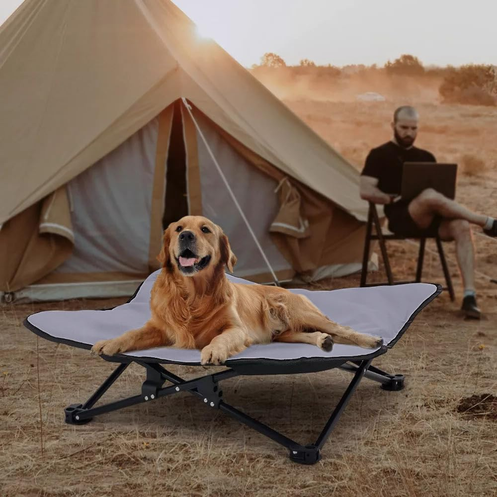 Folding Dog Camping Bed, Portable Waterproof and Chew Resistant, Removable Cooling Dog Bed, Outdoor Pet Camping Bed, Elevated Travel Lounger for Small to Medium Dogs, Light Gray. image number 1