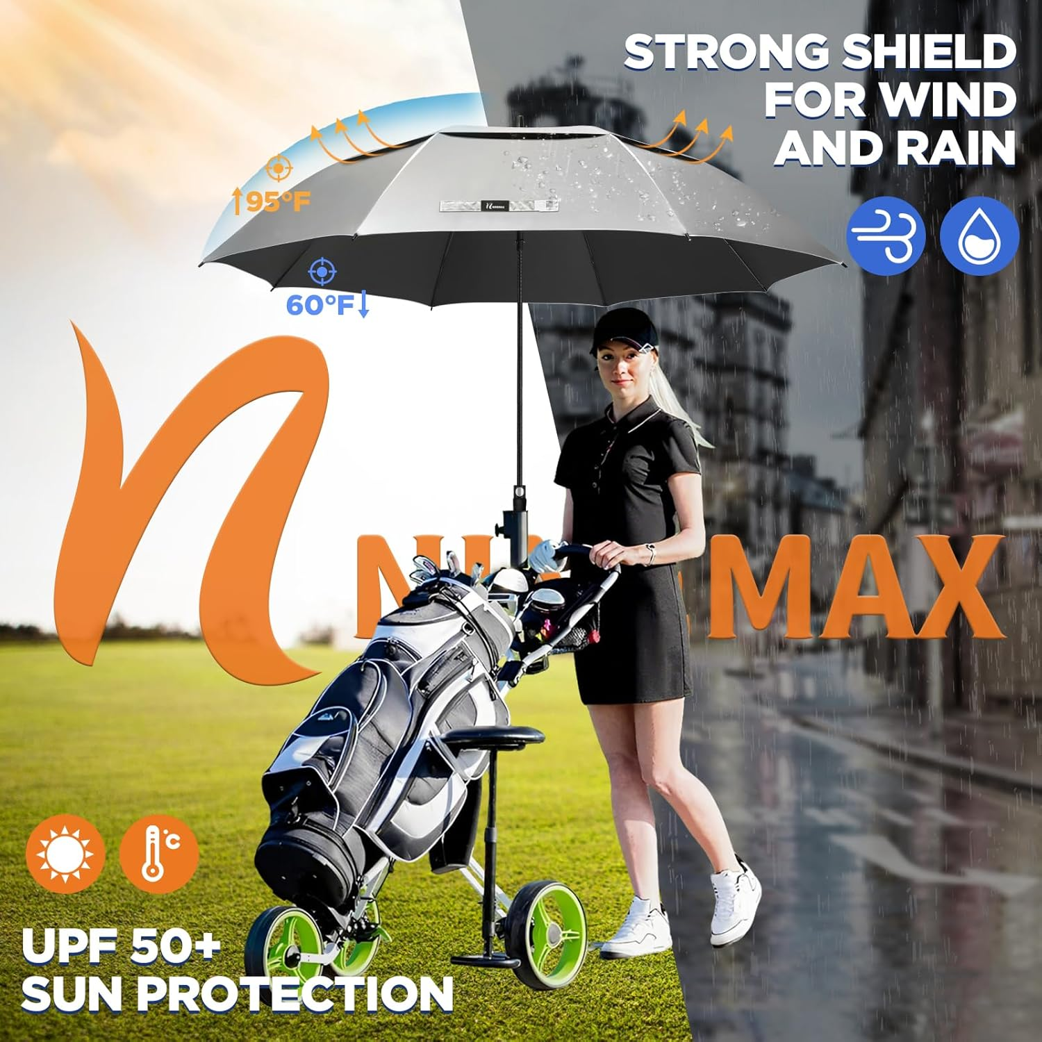 NINEMAX Golf Umbrella 68/62/ Inch UV Protection Large Umbrellas Windproof Double Canopy, Automatic Open Umbrellas image number 3