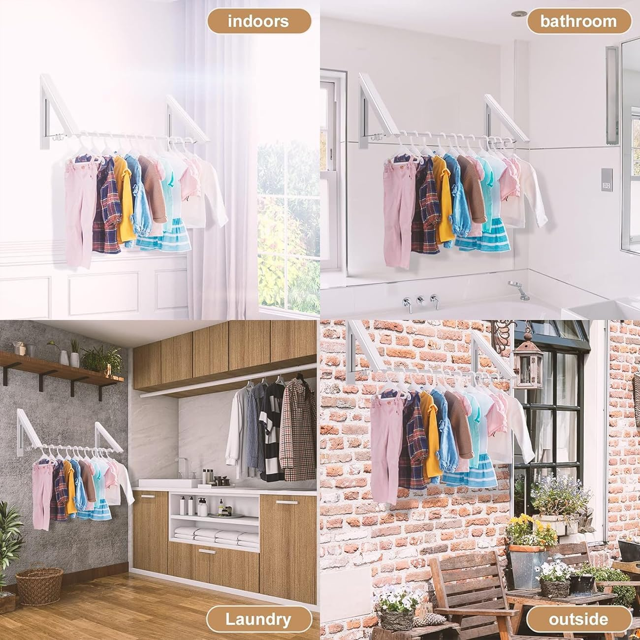 Foldable Wall Mounted Drying Rack with 80CM Extension Rod，Heavy Duty Aluminum Telescopic Clothes Hanger for Laundry Room Organisation Storage Drying Hanging Clothes with Drying Rod (2-Pack, White) image number 2