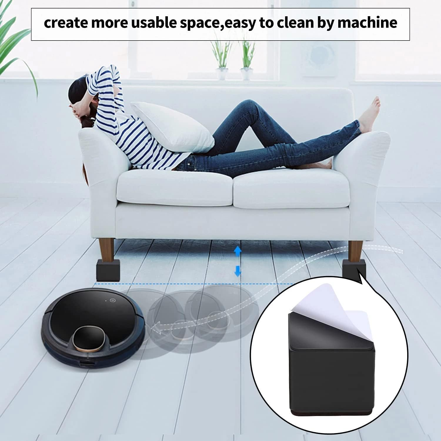 2Inch Lift Furniture Risers Carbon Steel Bed Risers, Self-Adhesive Bed Riser, Table Riser, Sofa Riser, 4 Pcs Heavy Duty Bed Riser Lifts Adds 2" Height Supports to 5000 Lbs (Square, Black) image number 2