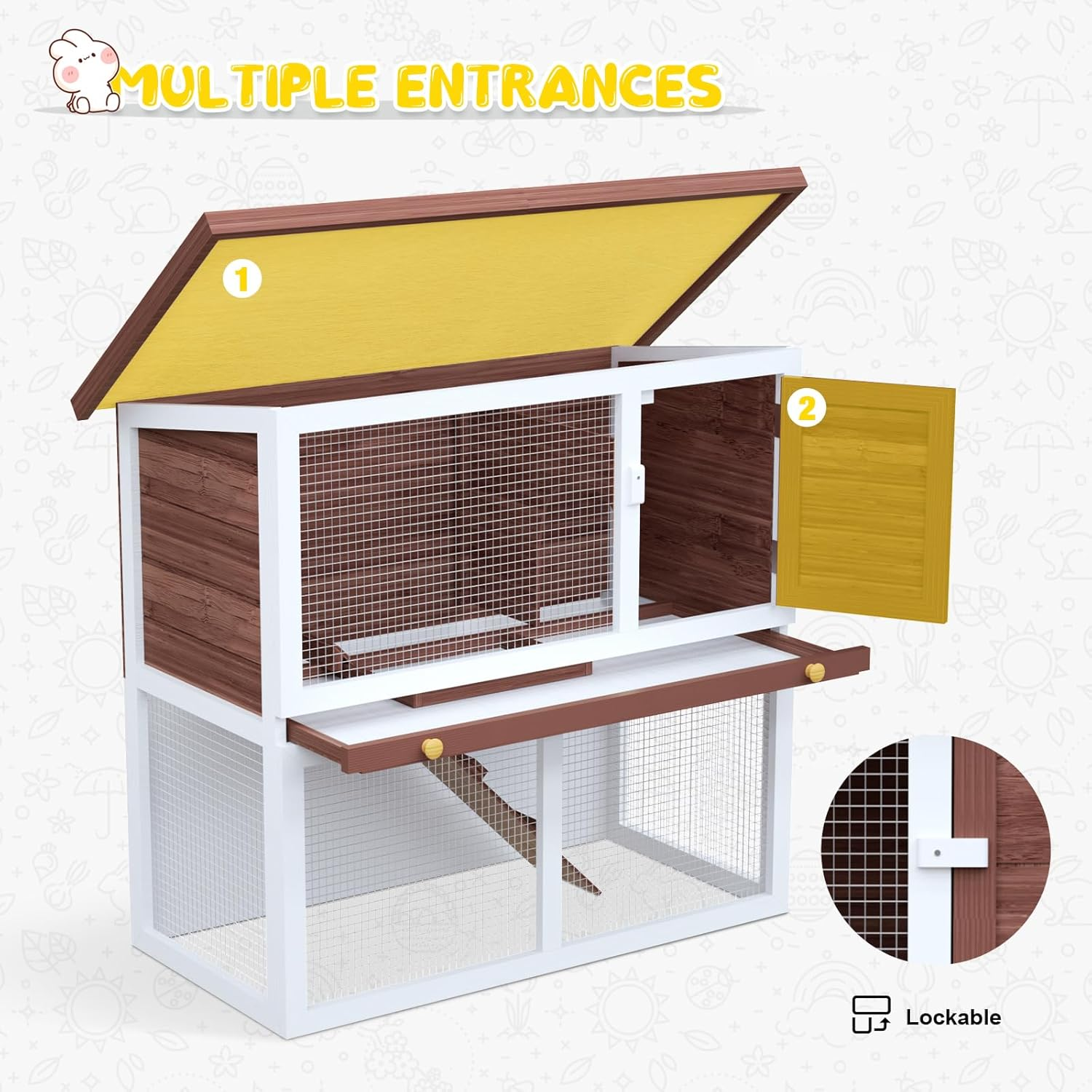 Advwin Rabbit Hutch Bunny Cage, 2 Storey Wooden Chicken Coop Guinea Pig Outdoor Hutch Weatherproof, with Removable Trays for Small Animals, 90L X 45W X 80Hcm - Brown image number 5
