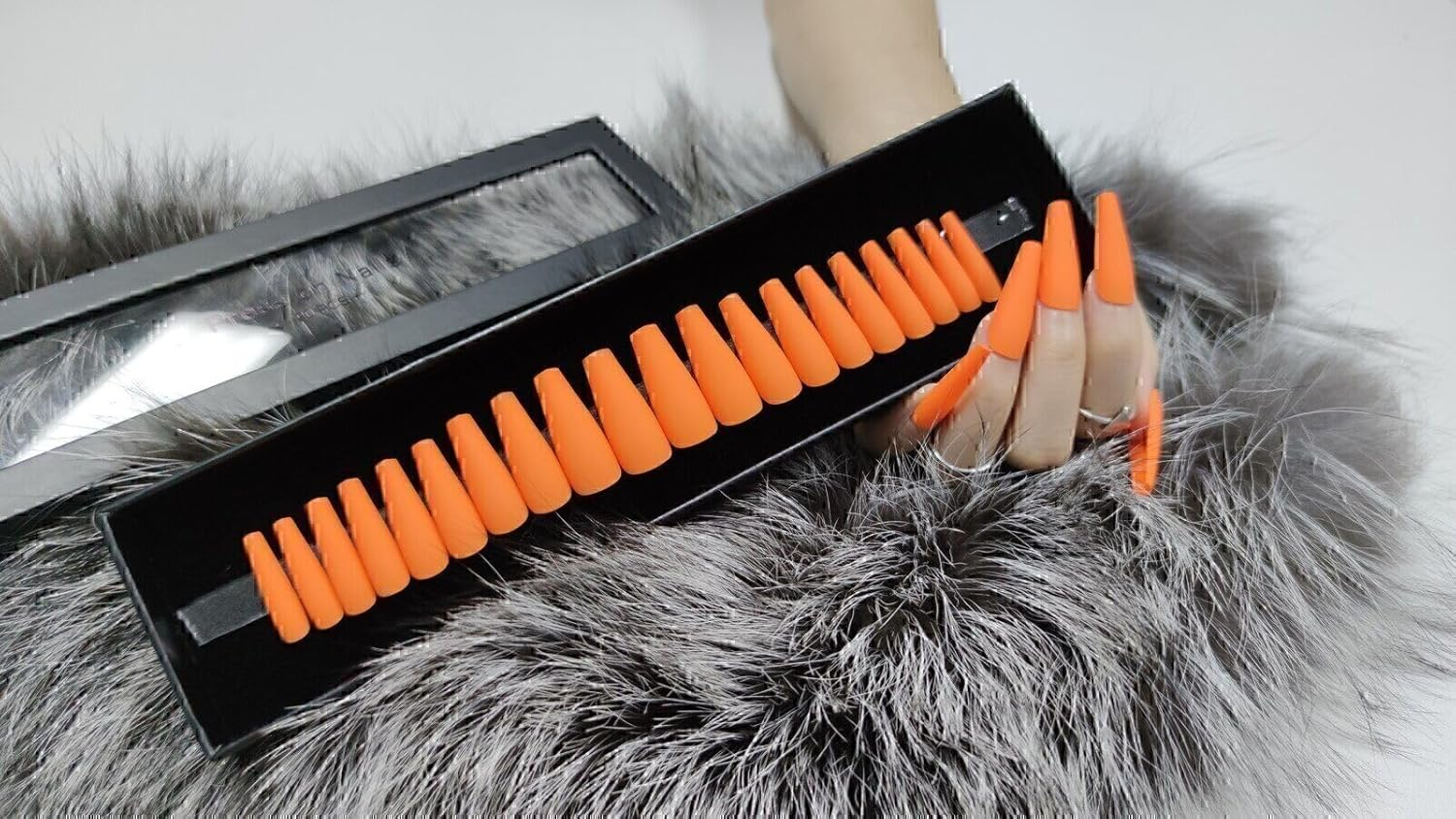 Press on Nails Fake Long Coffin Nail Tips Orange Matte 20 Pcs image number 3
