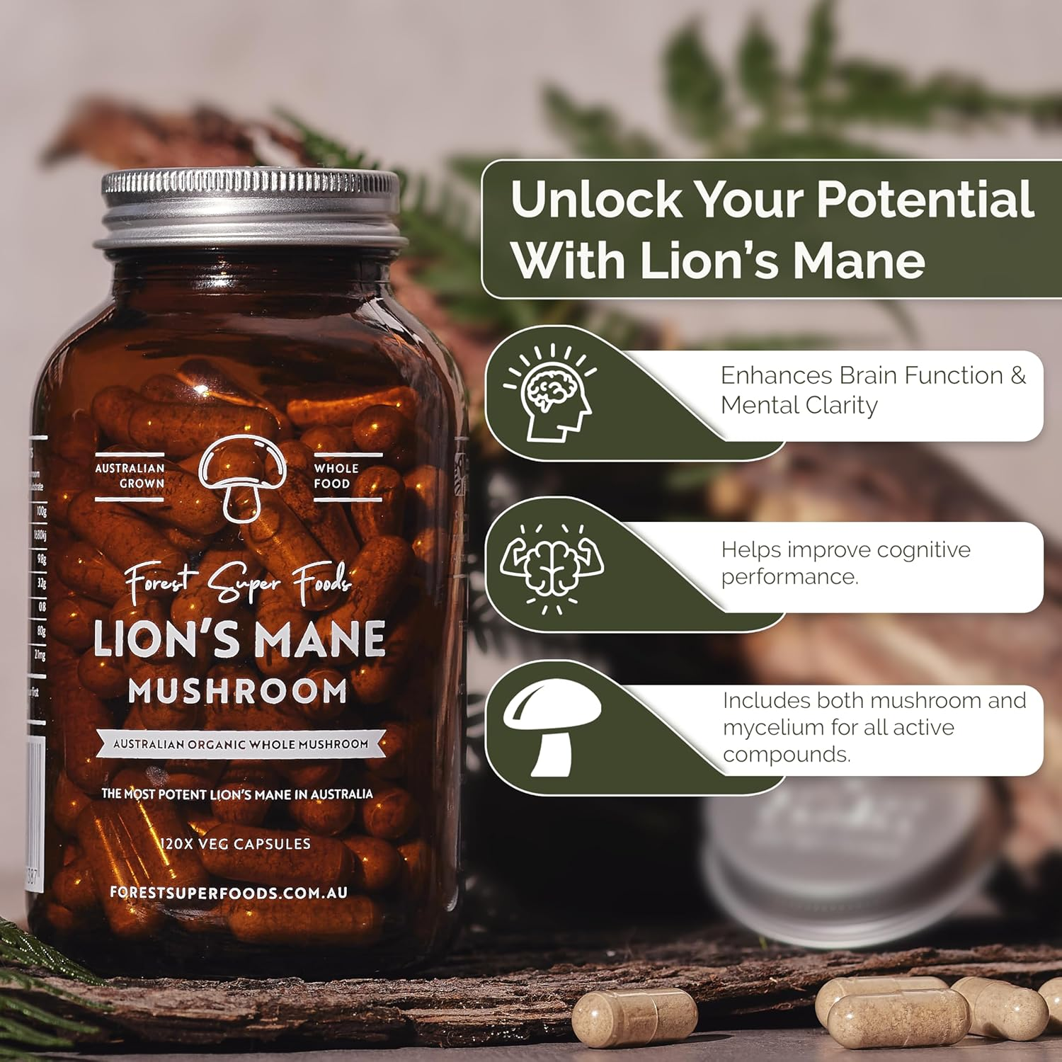 Forest Super Foods Australian Grown Lions Mane Medicinal Mushroom Capsules | Whole Food | Full Spectrum | Freeze Dried | 120X Capsules image number 1