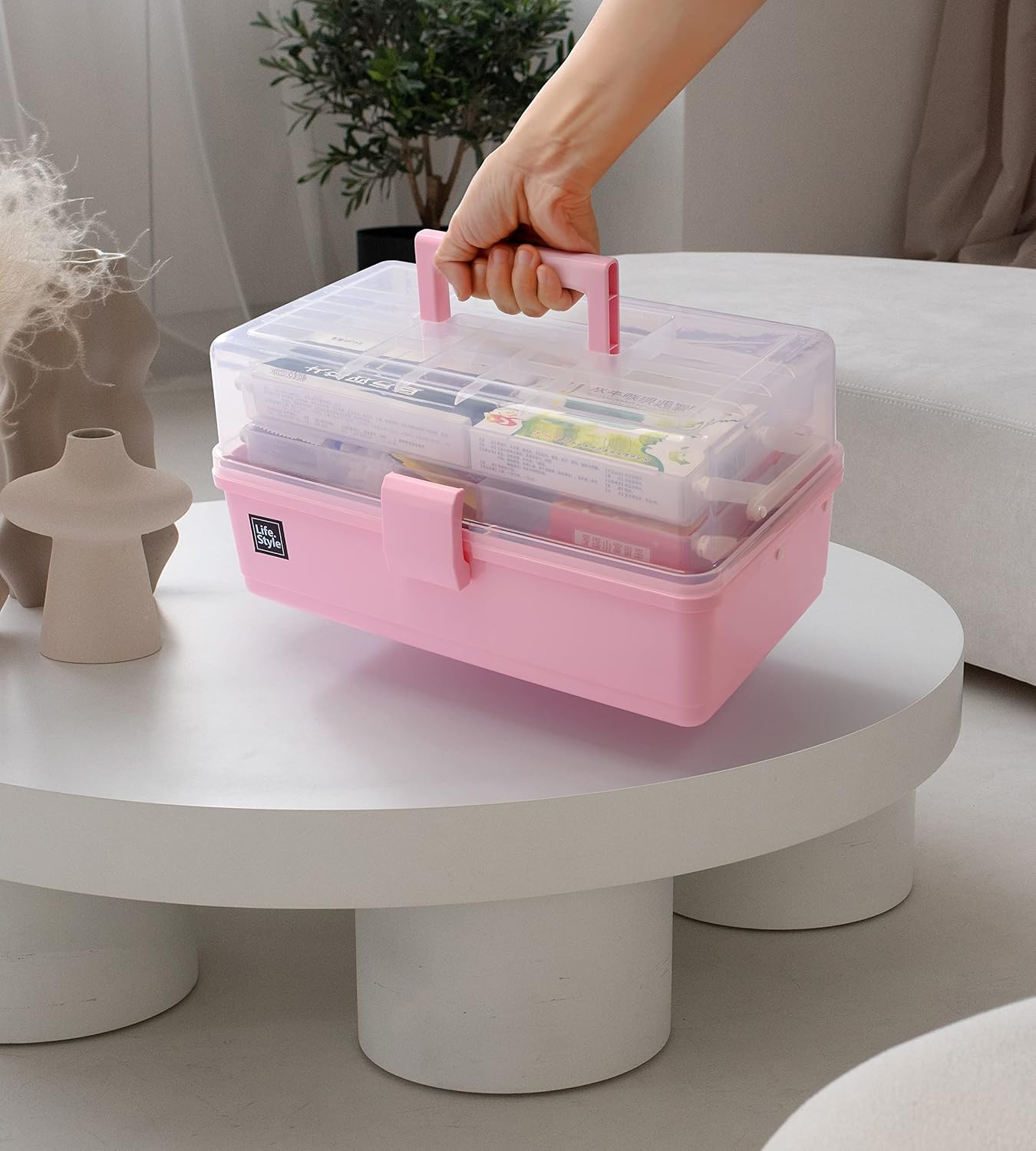 3 Layers Plastic Portable Storage Box, Multipurpose Organizer and Storage Case for Art Craft and Cosmetic, Portable Handled Storage Box for Home, School, Office, First Aids (Pink) image number 5