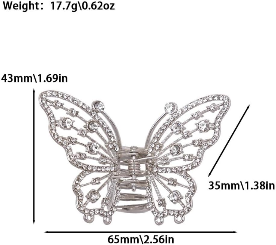 Pack of 2 Butterfly Hair Clips Women'S Hair Clips Metal Rhinestones Hair Pin Hair Clip Non-Slip Hair Claw Clips Hair Accessories Headwear for Daily Wear, Silver image number 3