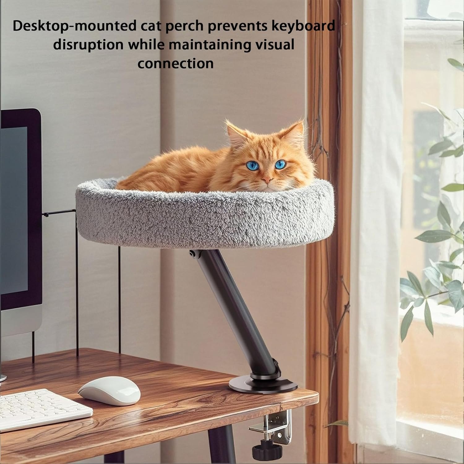 Cat Desk Bed - 360&deg; Rotating & Adjustable, Cat Hammock for Home Office，Comfortable Soft Pet Nest Bed, Modern Unique Kitten Furniture Attachment，Bracket Pet Furniture Light Gray White Stand image number 4