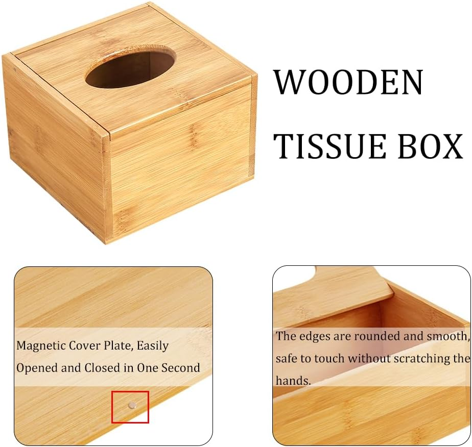 Wooden Square Tissue Box Cover, Bathroom Organizer Basket, Eco-Friendly Bamboo Toilet Paper and Towel Holder, Brown Stylish Home Storage image number 2
