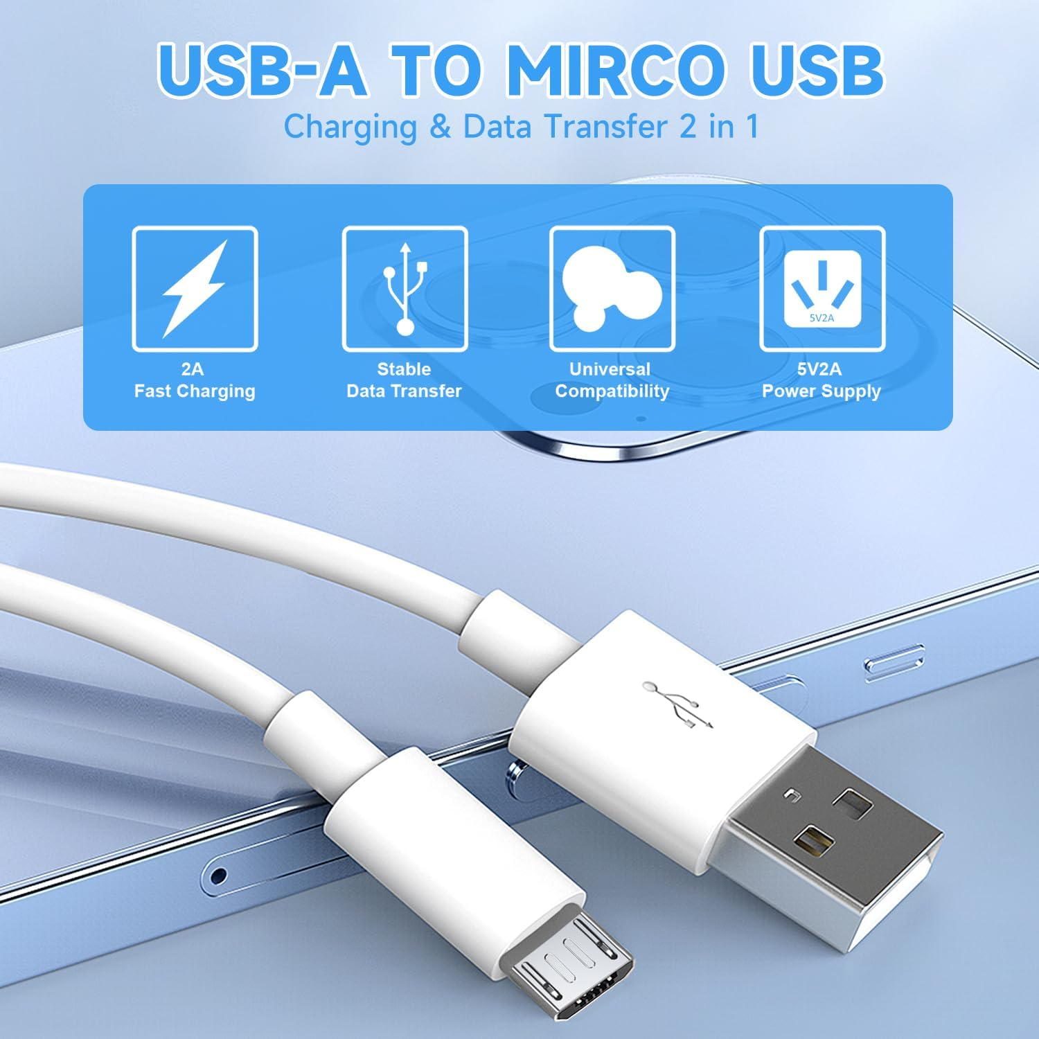 10Ft 3M Power Extension Cable for Wyze Cam, YI Camera, Nest Cam, Blink, Netvue, Kasa Cam, Cloud Camera, Furbo Dog, Arlo Q, USB to Micro USB Extension Charging and Data Sync Cord image number 2