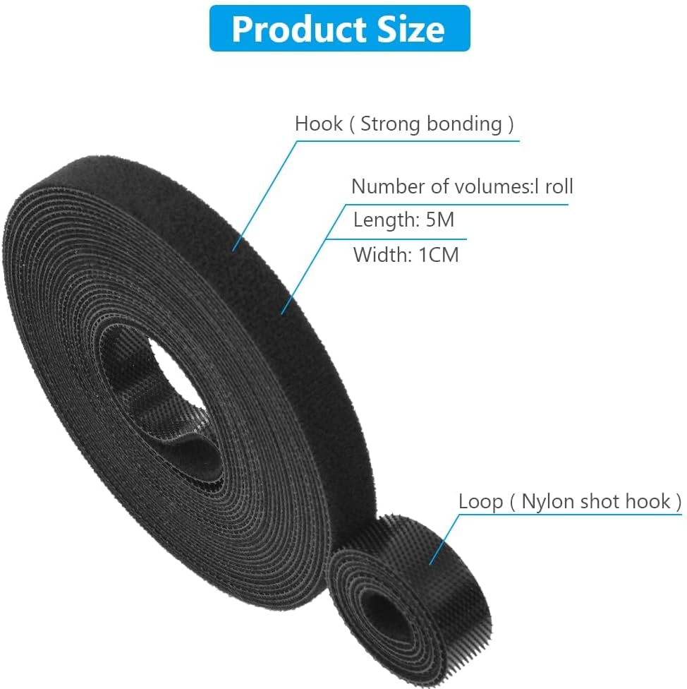 URAQT Fastening Tape Hook and Loop Cable Ties, 10Mm X 5M Reusable Self Adhesive Cable Ties Straps for Cable Management, Cord Organizer Straps, Black (5M) image number 6