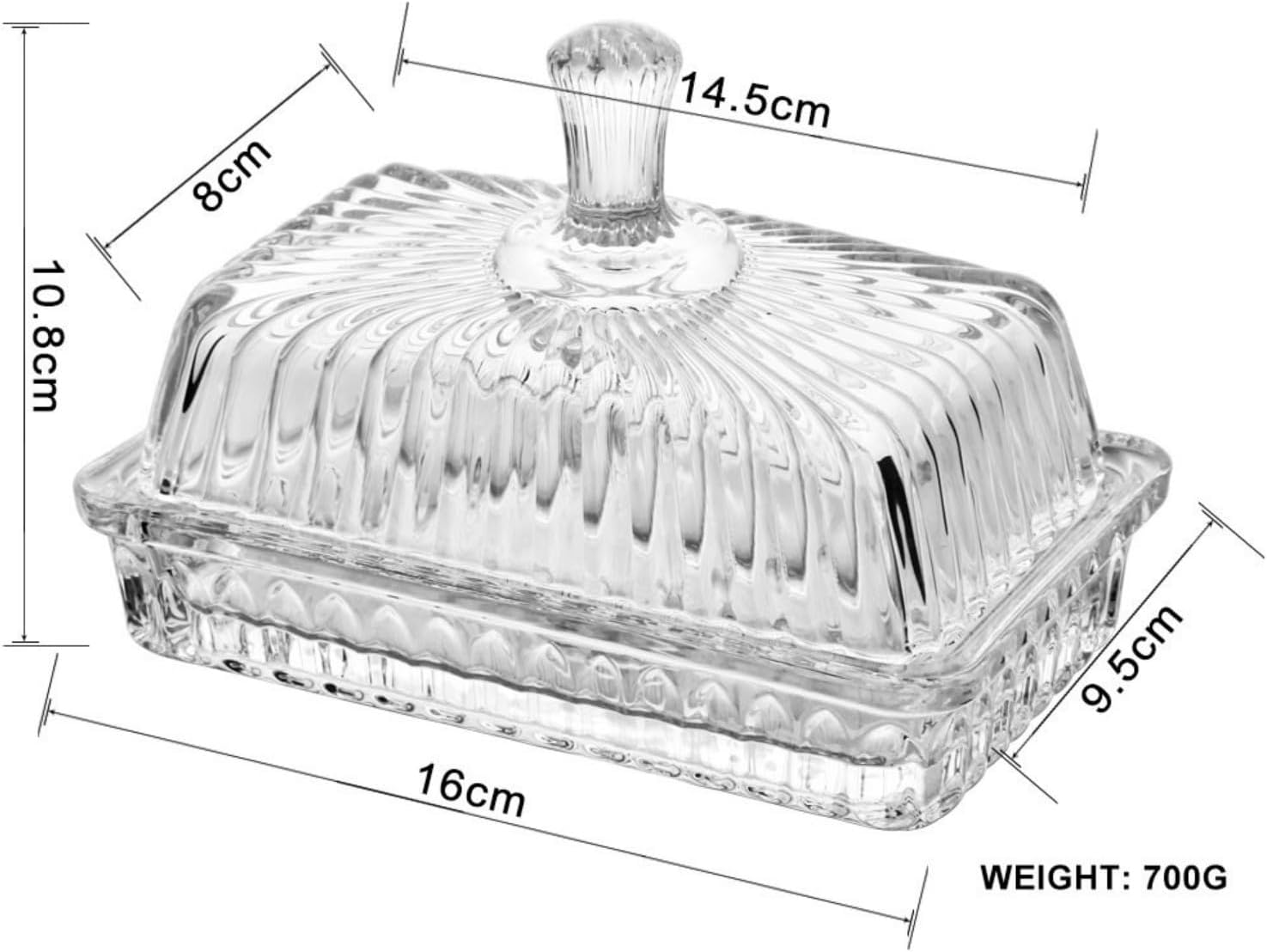 UPAUS Glass Butter Dish with Lid, 16Cm Clear Classic Crystal Covered Butter Container for Countertop, Butter Keeper for Fridge, Butter Holder for Home Kitchen, Dishwasher Safe image number 1