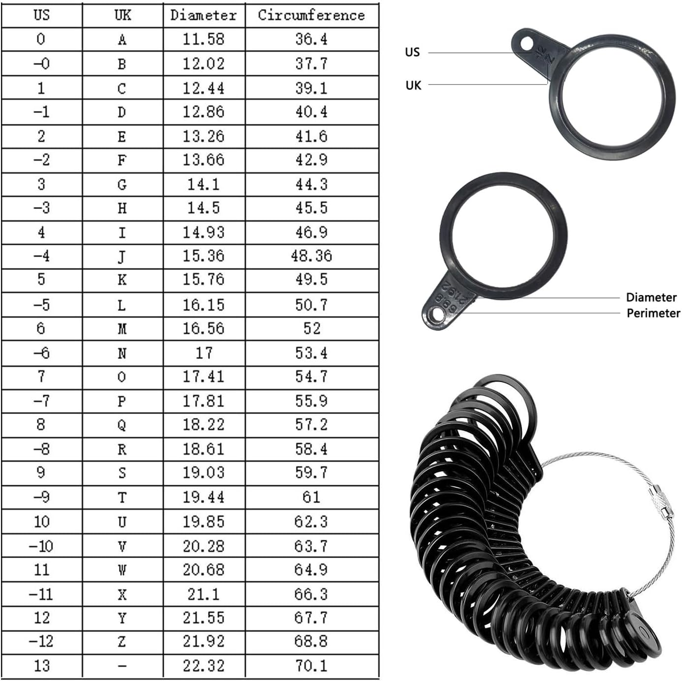 Ring Size Measurement Kit,Includes a Mandrel, Adjustable Ring Gauge,And 2 Finger Tape Measures,Suitable for Jewellery Making,Suitable for Both Women and Men image number 2