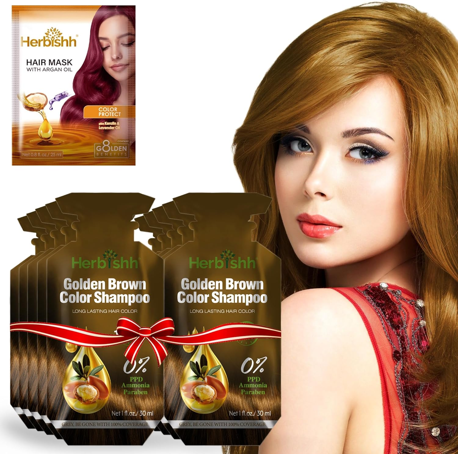 Herbishh Hair Color Shampoo 10 Sachet +1 Argan Hair Mask Pouch | 3 in 1 Hair Dye | PPD Free | Easy to Use | Gray Coverage | Travel Size | Available in 6 Colors | Long Lasting Hair Color | (Golden Brown) image number 6