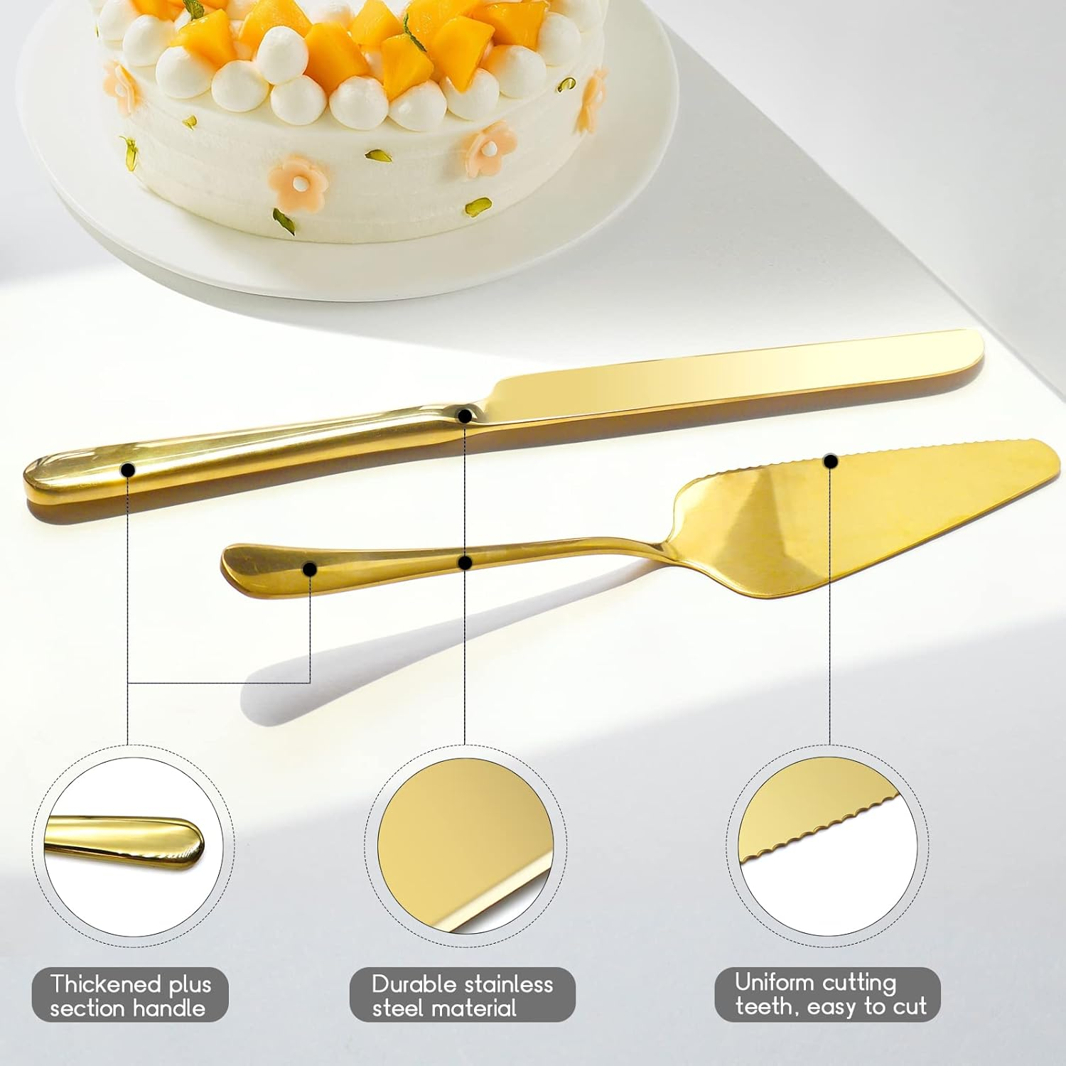 Cake Cutting Set for Wedding 2 Pcs Gold Stainless Steel Cake Knife and Server Set Elegant Cake Knife Wedding Decor Cake Stand for Birthday Anniversary image number 5