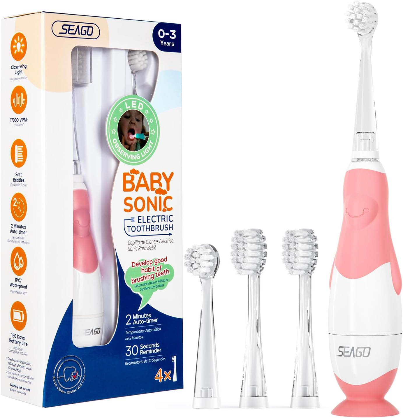 SEAGO Kids Electric Toothbrushes for Baby 0-3 Years, Toddler Toothbrush with Smart Timer and Suction Base, 4 Replacement Brush Heads, LED Observing Light SG-513 (Blue)