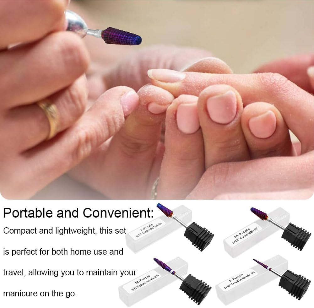 Yakamoz 4Pcs 5 in 1 Nail Drill Bit Set, 3/32" Tungsten Carbide Nail Drill Bits Professional Tornado Multi-Function Bits Two Way Purple Efile Nail Drill Bit for Manicure Pedicure Cuticle Gel Polishing image number 1
