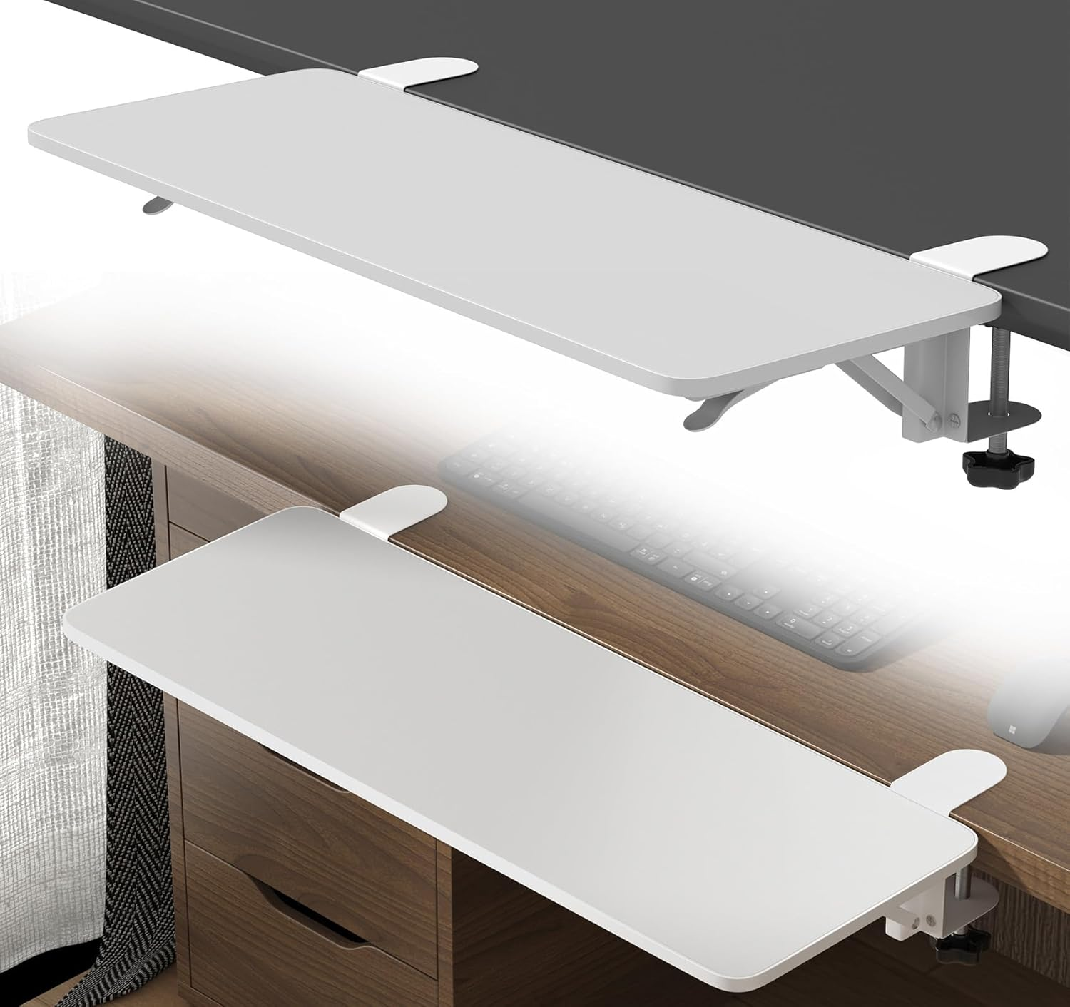 WYJREES Ergonomics Desk Extender Tray,30"X9.9" Table Mount Arm Rest Shelf,90&deg; Foldable Keyboard Tray Platform,Clamp on Computer Arm Rest for Desk,Desk Extension for Office Home Desks,White image number 4