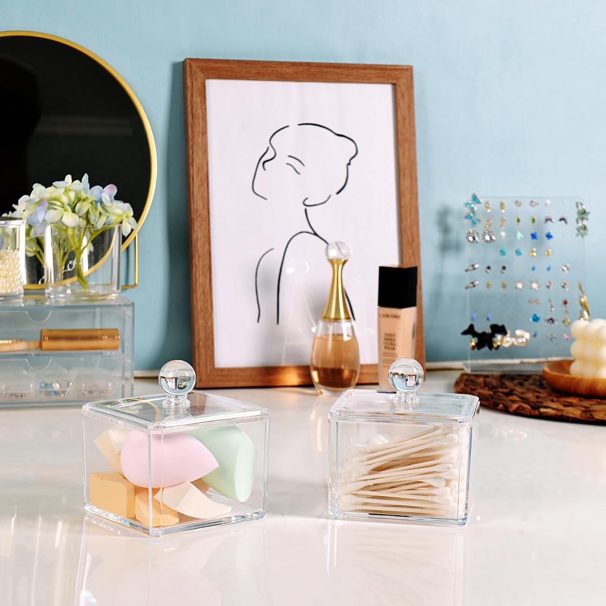 Modern Square Qtip Holder Acrylic Bathroom Vanity Countertop Storage Organizer Canister Jar for Cotton Swabs, Rounds, Balls, Makeup Sponges, Bath Salts - 1 Pack - Clear image number 4