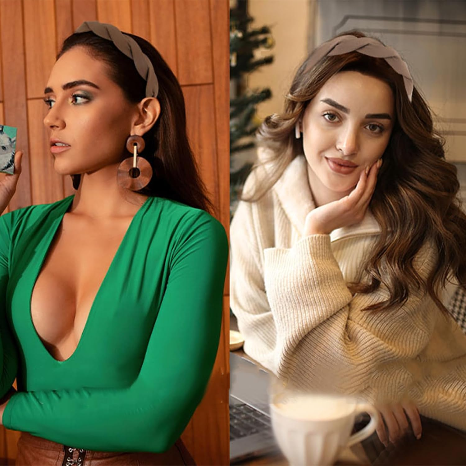 Nayyana 3 Pieces Fashion Solid Headbands for Women and Girls, Wide Braided Headband, Fabric Hair Bands with Tooth, 3Cm Non-Slip Headband Accessories, Coffee Color image number 3