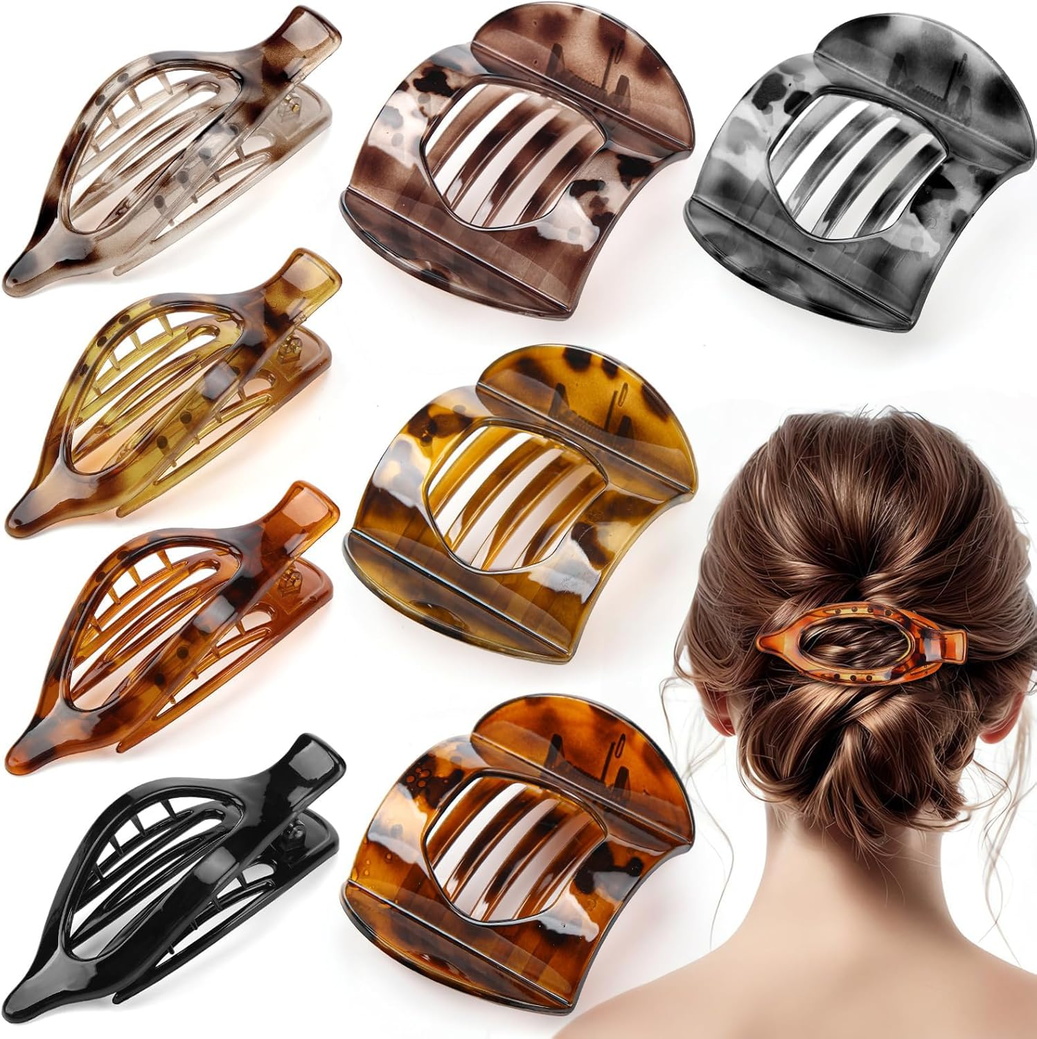 Charmburst Pack of 8 Hair Clips, 2 Styles French Flat Claw Clips, Tortoiseshell Pattern Hair Clips, French, Large Hair Clips for Thick and Thin Hair image number 6